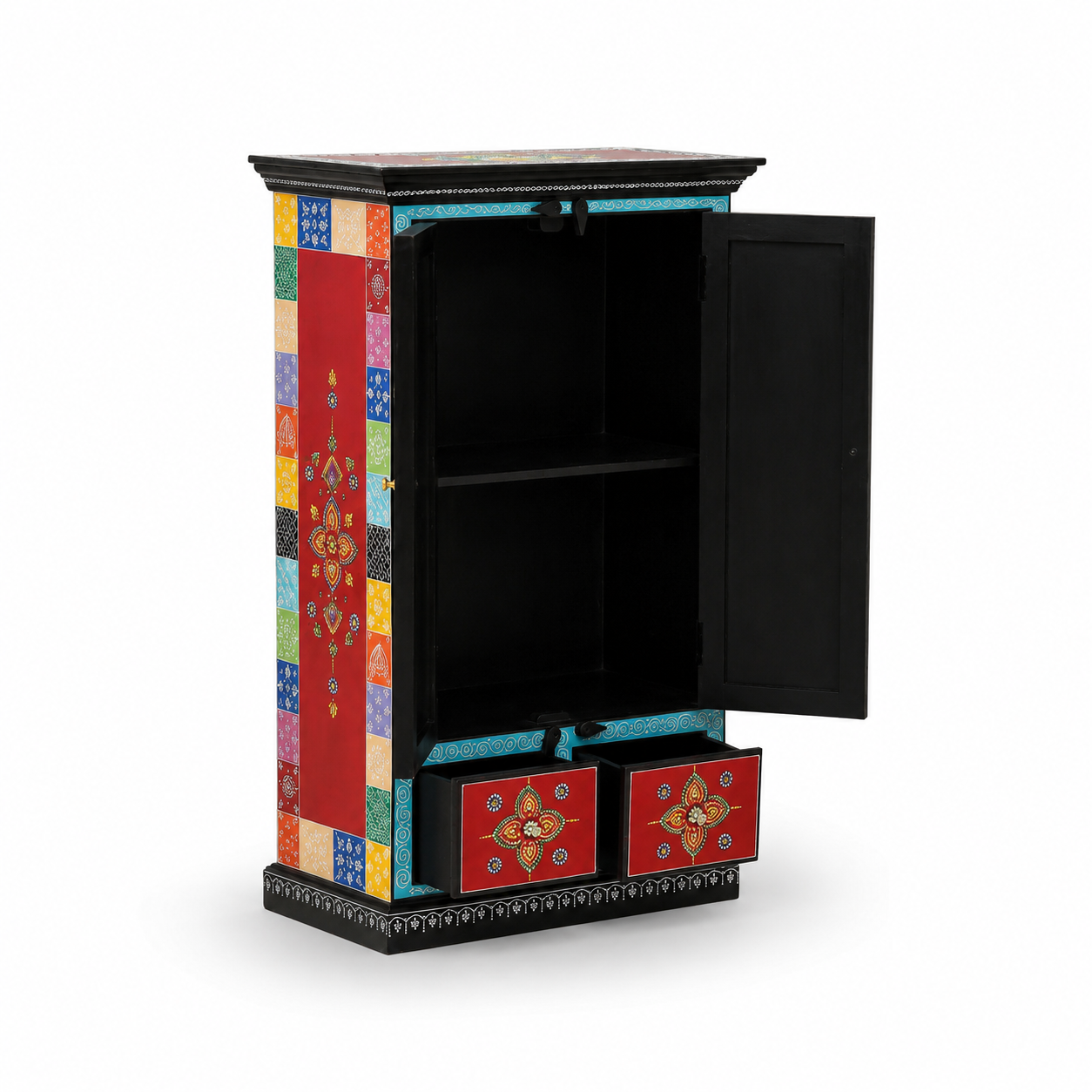 Lotus Bloom Cabinet with doors open, showcasing spacious interior shelving and two decorative lower drawers.