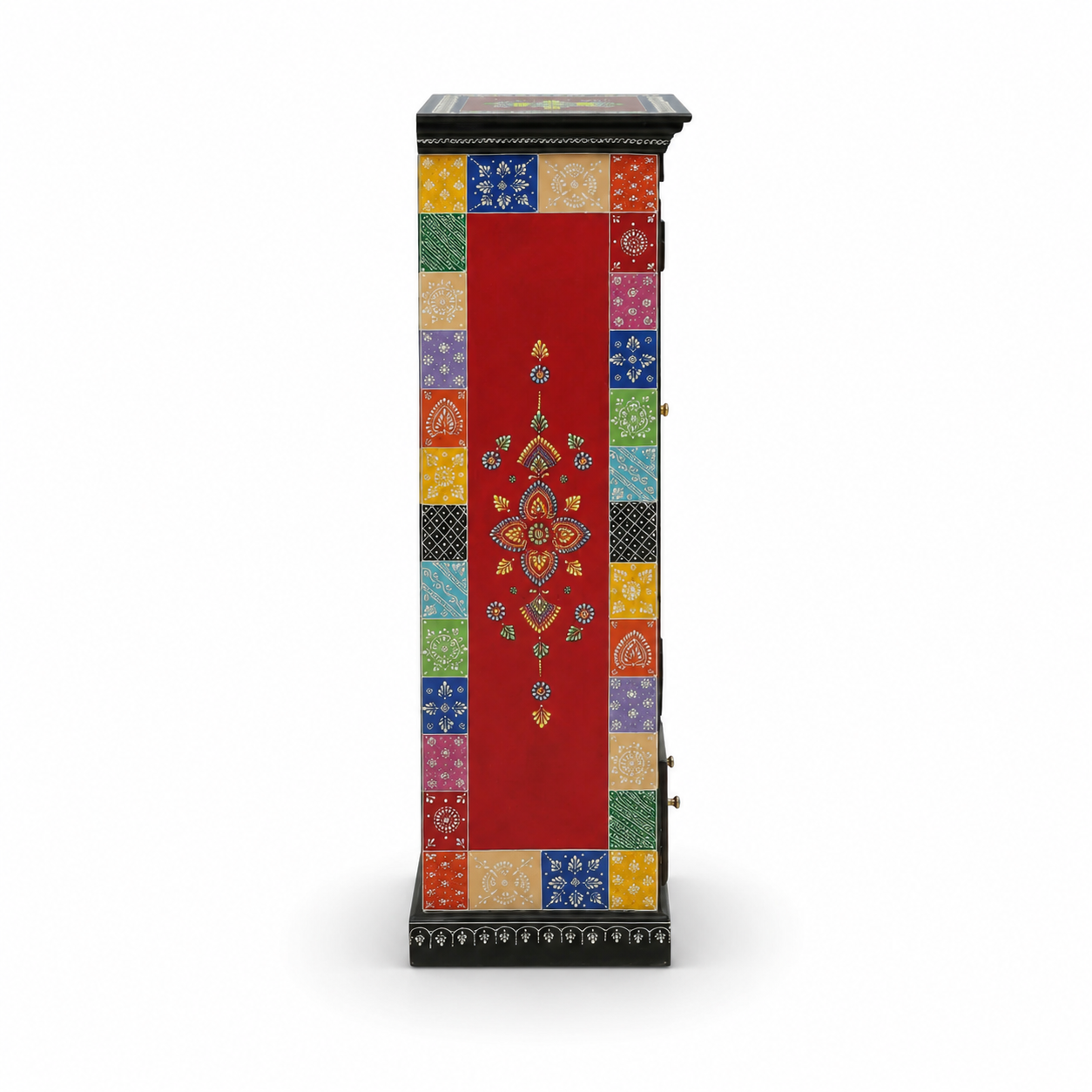 Side profile of Lotus Bloom Cabinet displaying colorful patchwork-inspired hand-painted artwork and floral detailing.