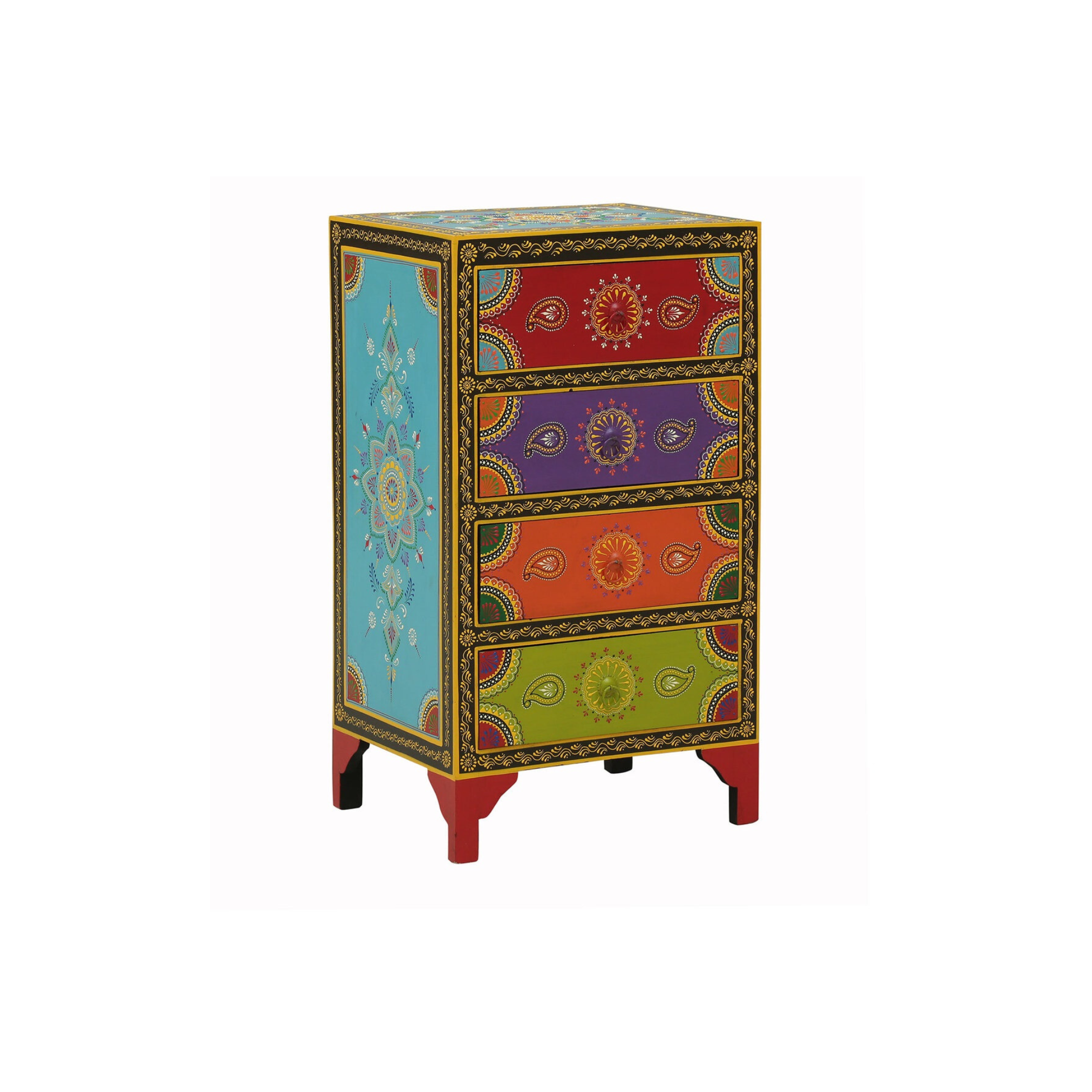 Angled view of colorful Mandala Jewel handpainted bedside cabinet