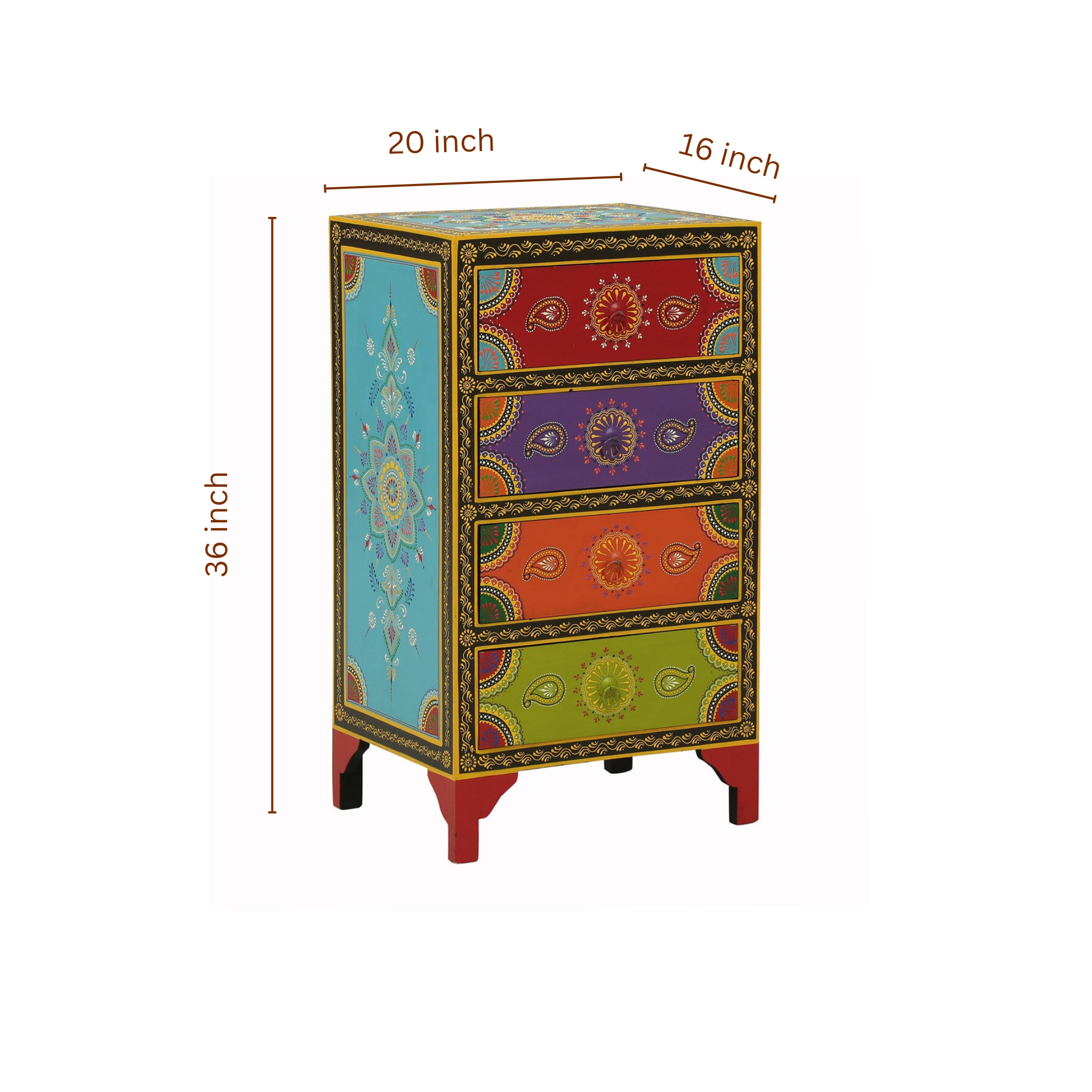 Dimensions of Mandala Jewel bedside table showing height width and depth measurements
