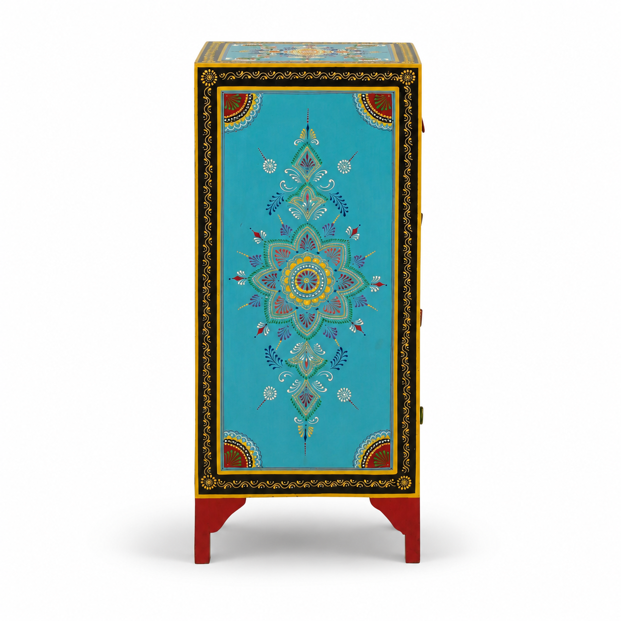 Front view of Mandala Jewel Bedside Table featuring multicolored hand-painted drawers, paisley accents, and artisan craftsmanship.