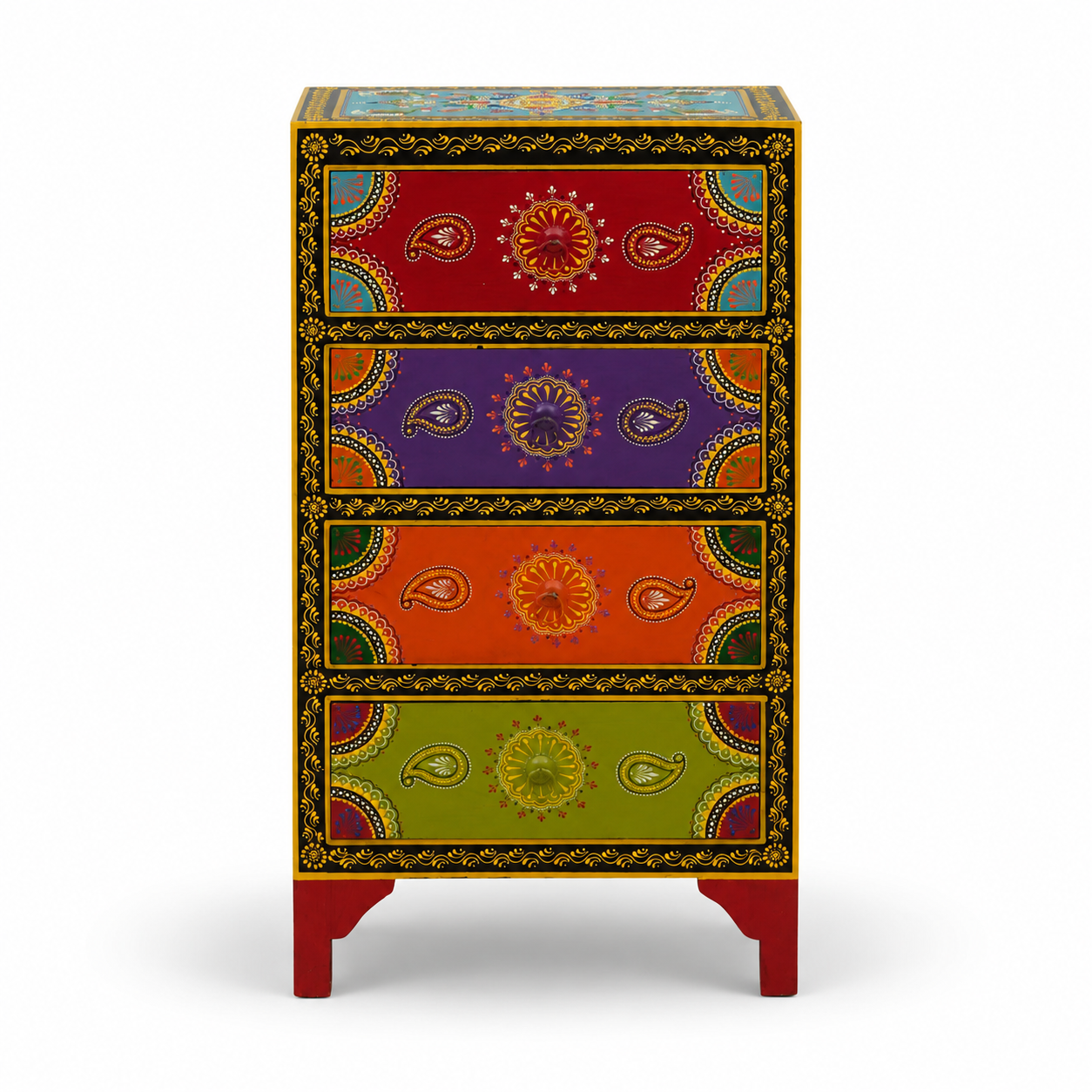 Mandala Jewel Bedside Table with four colorful hand-painted drawers, intricate mandala motifs, and vibrant bohemian detailing.
