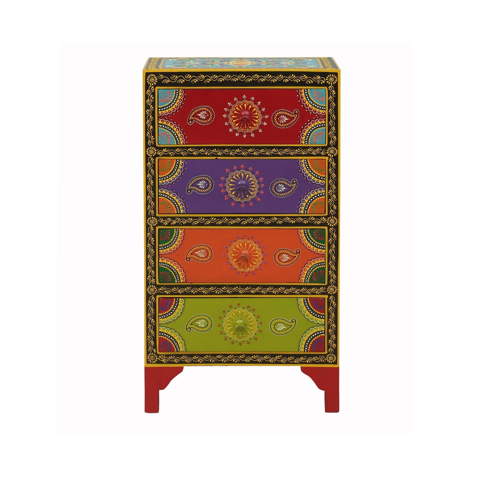 Front view of Mandala Jewel handpainted wooden bedside table with four drawers
