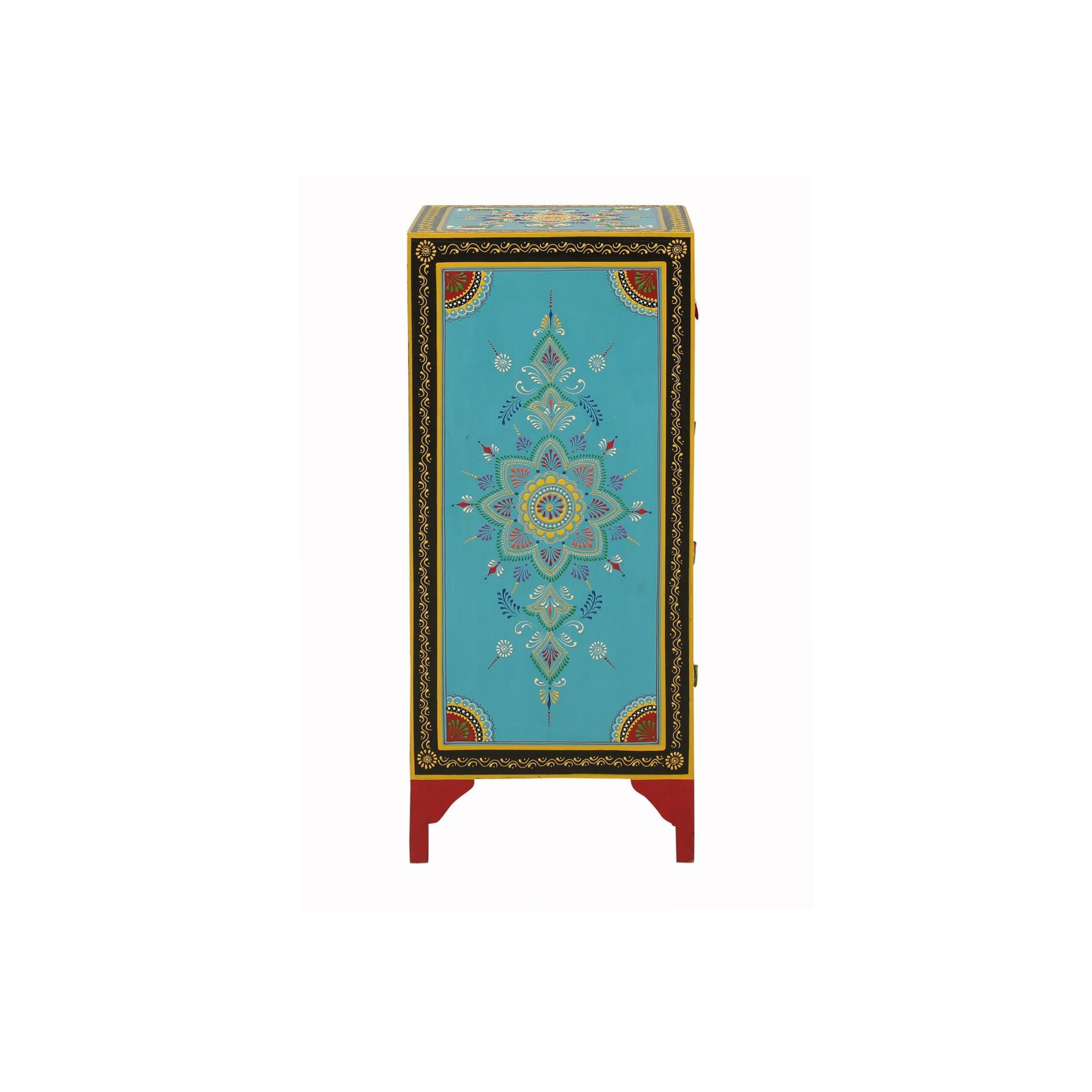 Side panel artwork detail of Mandala Jewel bedside table in blue floral mandala design