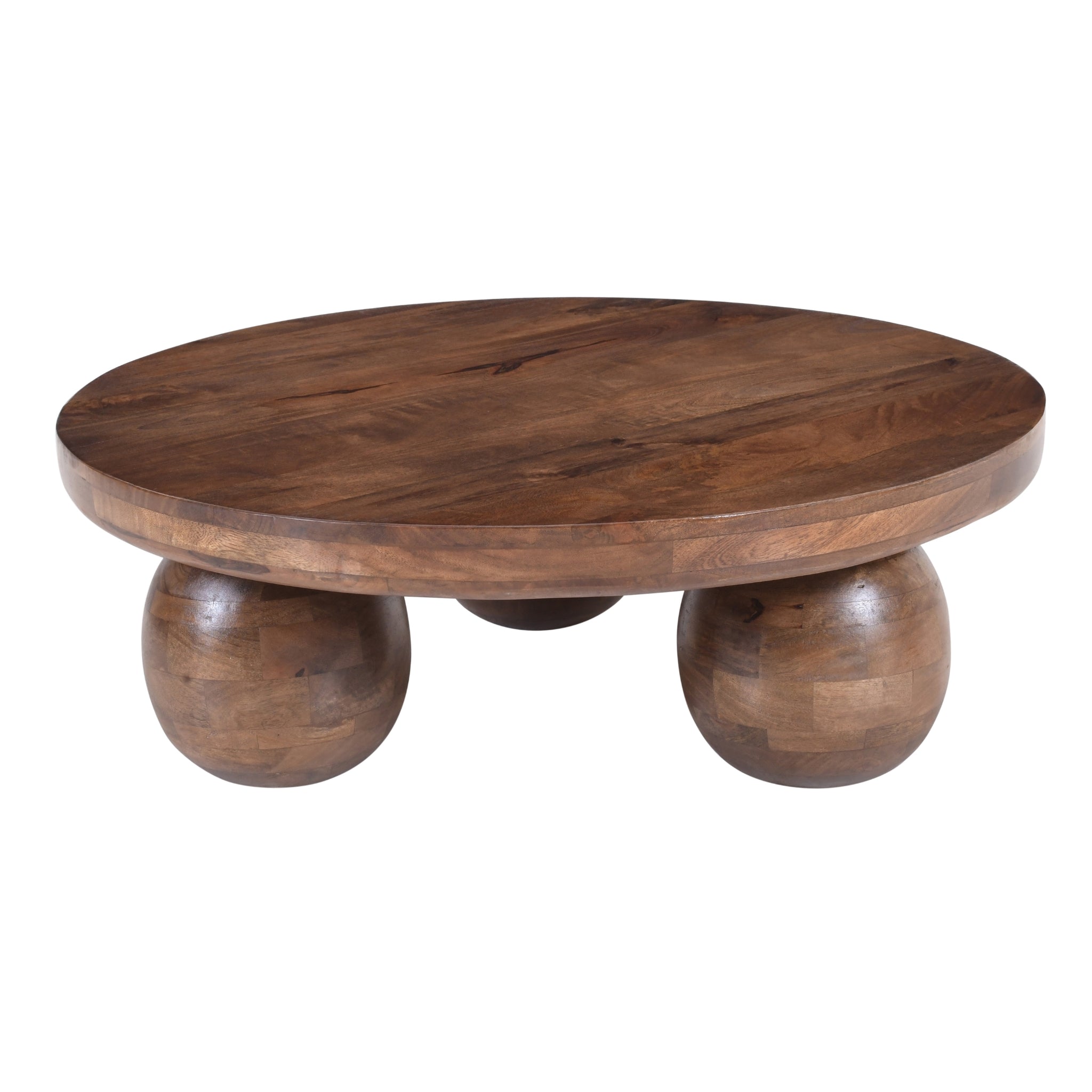 top view of round mango wood coffee table showing natural wood grain texture