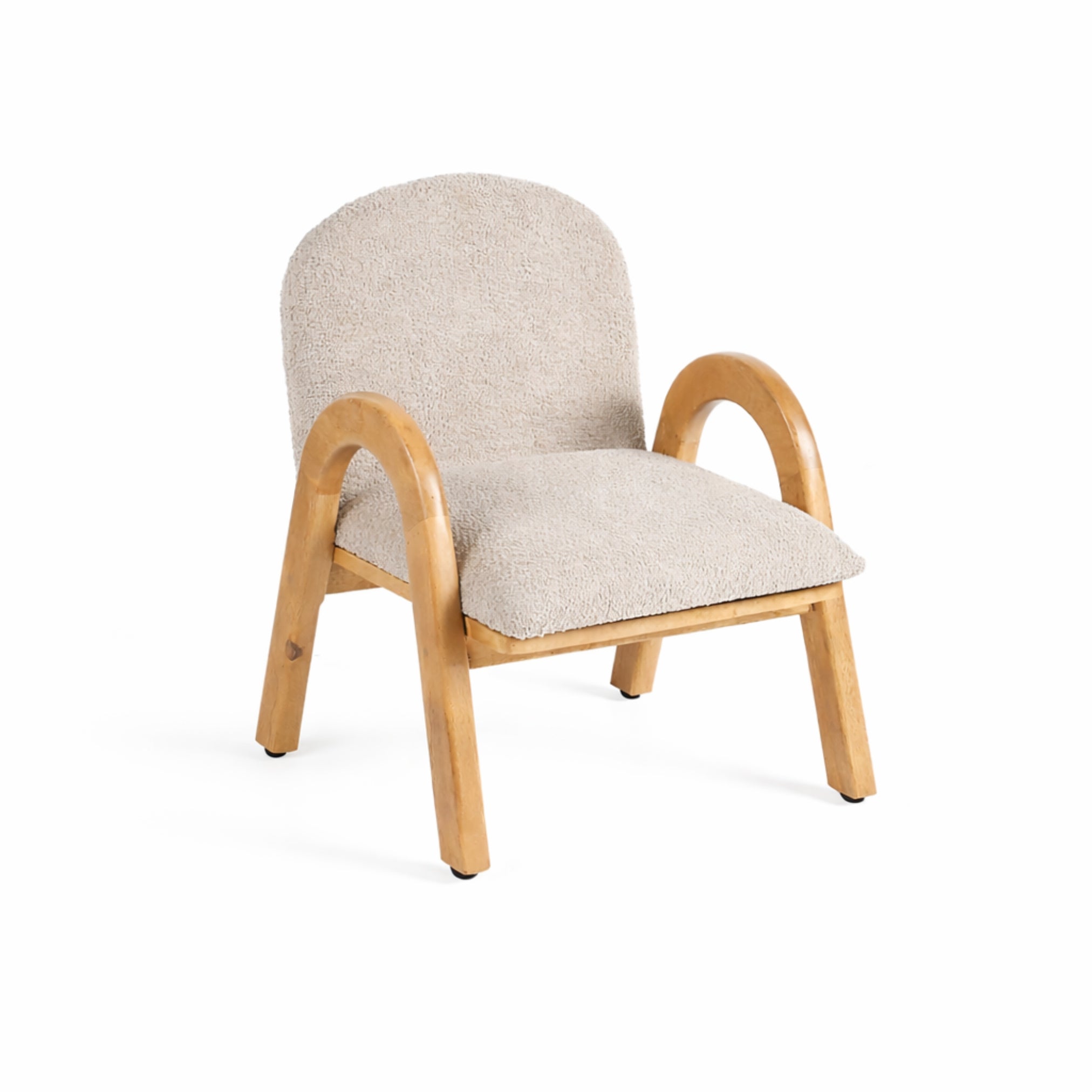 Angled view of Mysa upholstered wooden kids lounge chair with textured fabric upholstery and smooth wooden finish