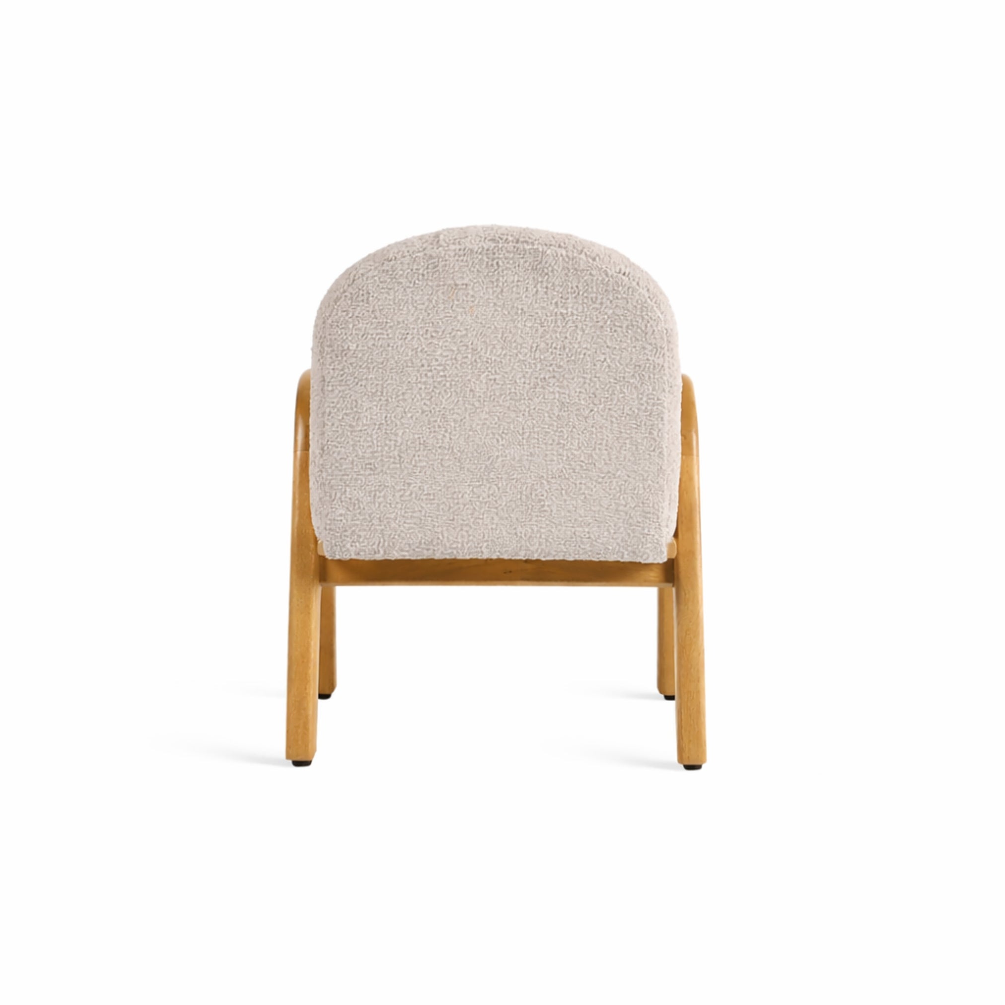 Back view of Mysa upholstered wooden kids lounge chair with rounded backrest and sturdy wooden legs
