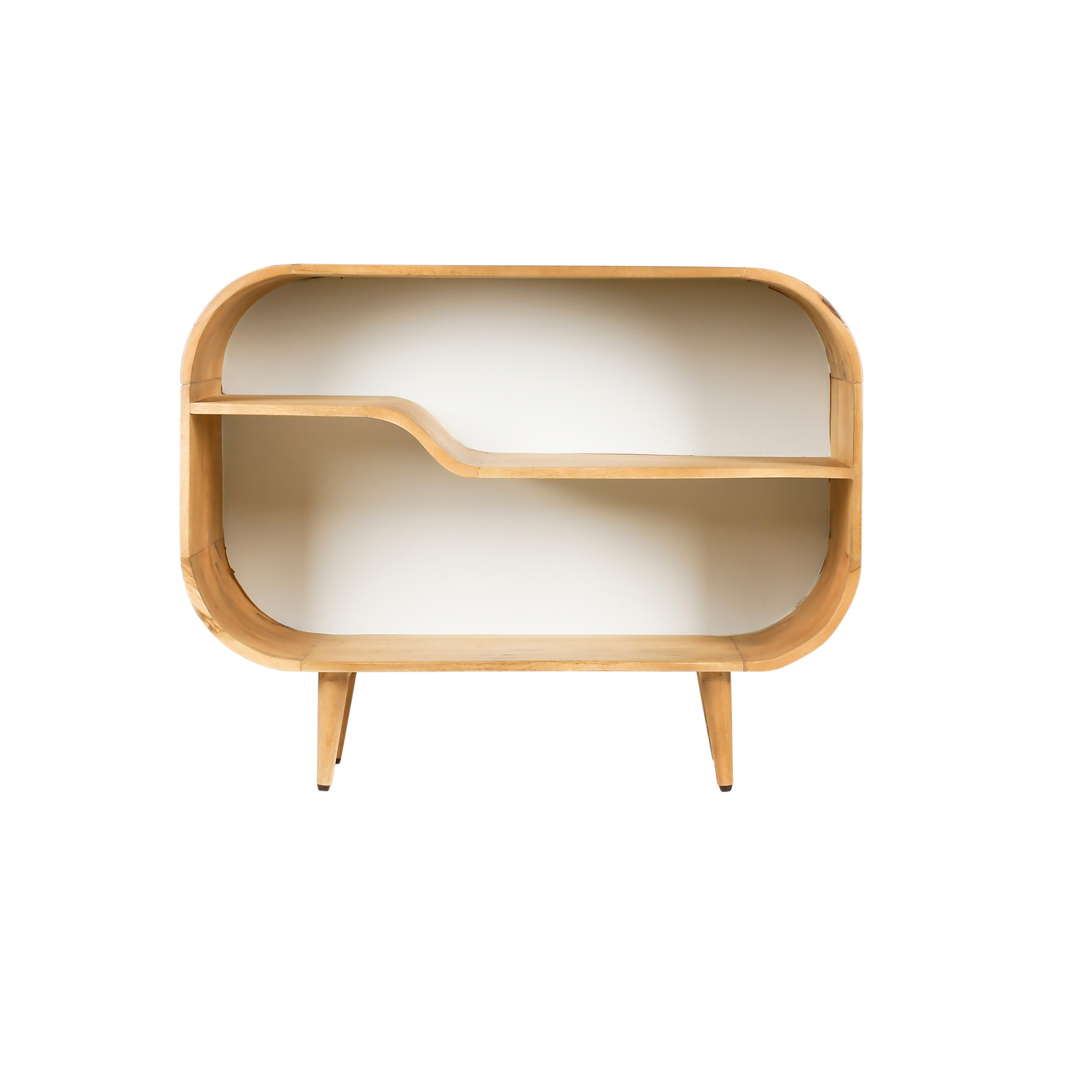 Front view of Nook wooden kids bookshelf with curved open shelves and natural wood finish