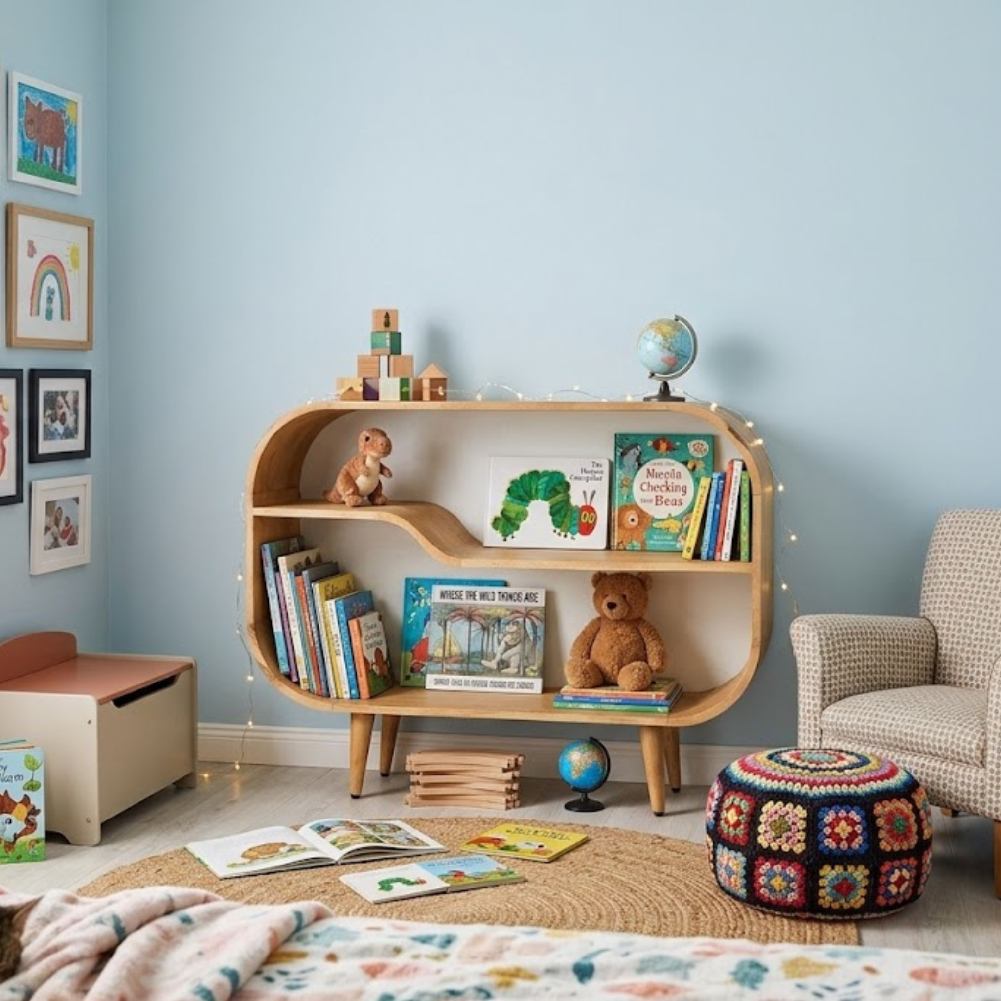 Nook wooden kids bookshelf in a pastel blue kids room with books, toys, and soft decor