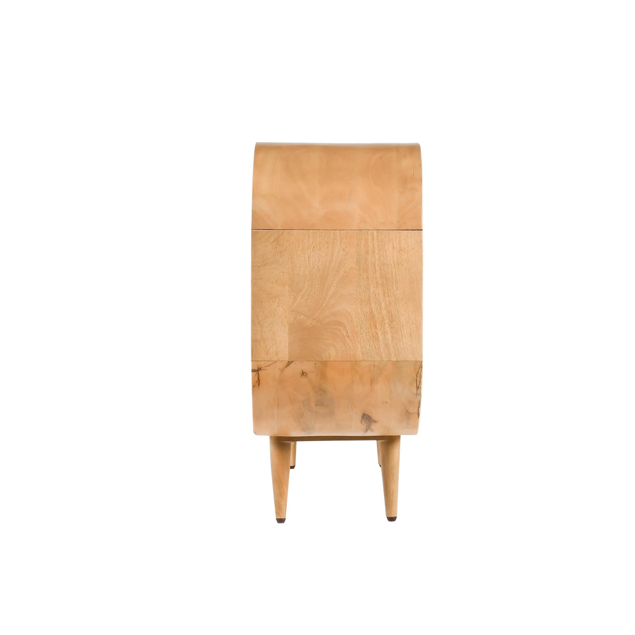 Side profile of Nook wooden kids bookshelf with curved silhouette and tapered legs