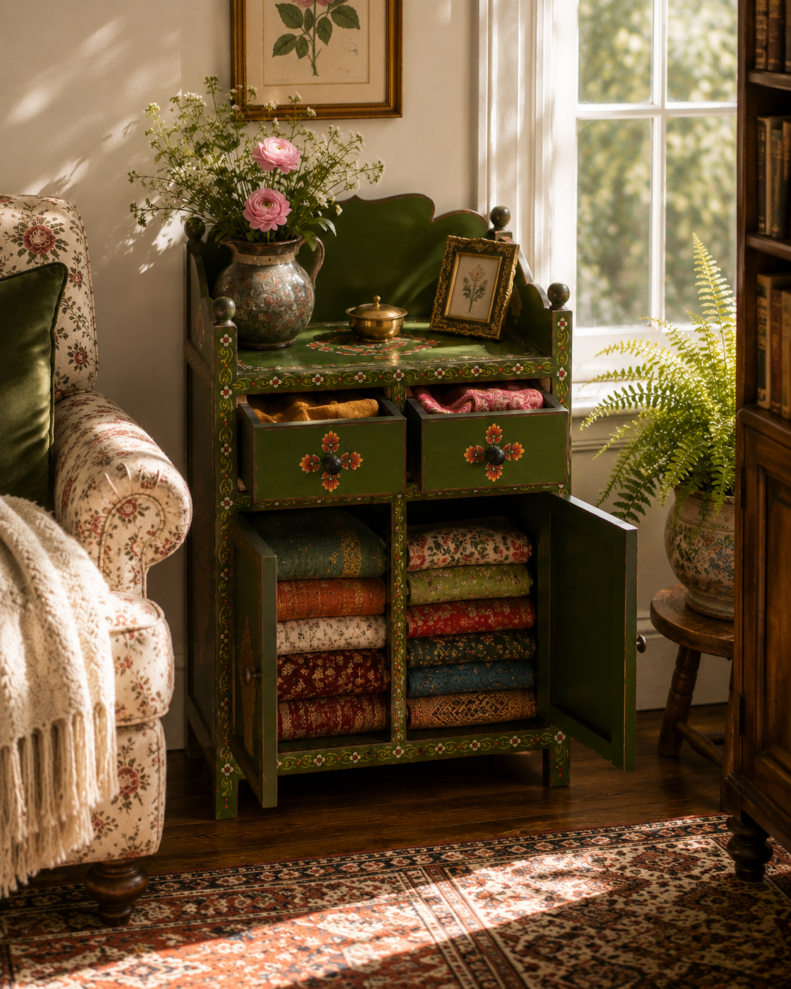 Hand-painted Olive Courtyard Cabinet styled in a warm bohemian interior with decorative accessories, books, pottery, and natural sunlight.