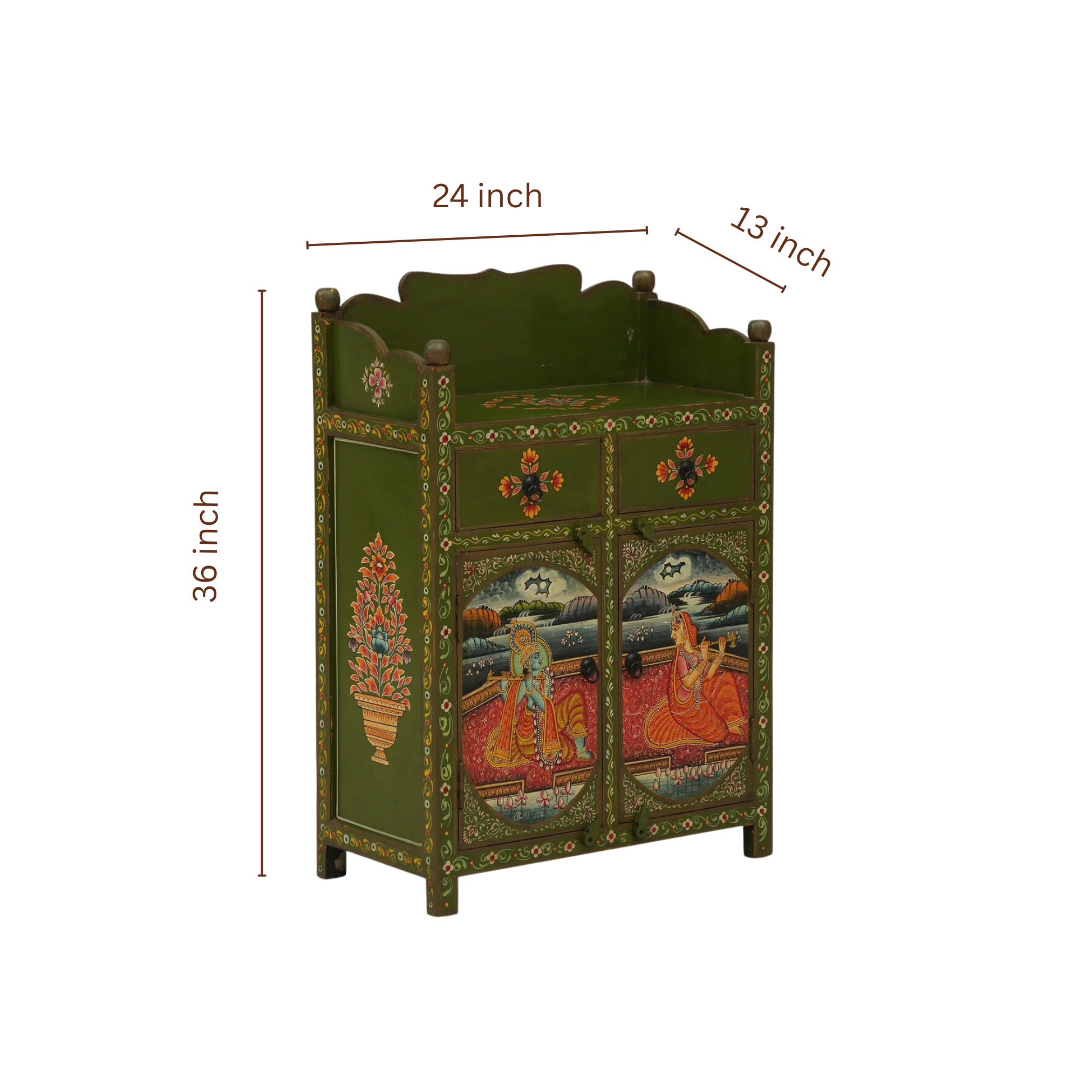 Olive Courtyard Cabinet dimensions showing 24 inches width, 13 inches depth, and 36 inches height.