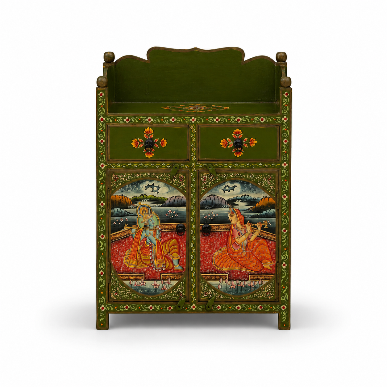 Front view of Olive Courtyard Cabinet featuring traditional hand-painted Krishna and Radha artwork, floral motifs, and olive green finish.