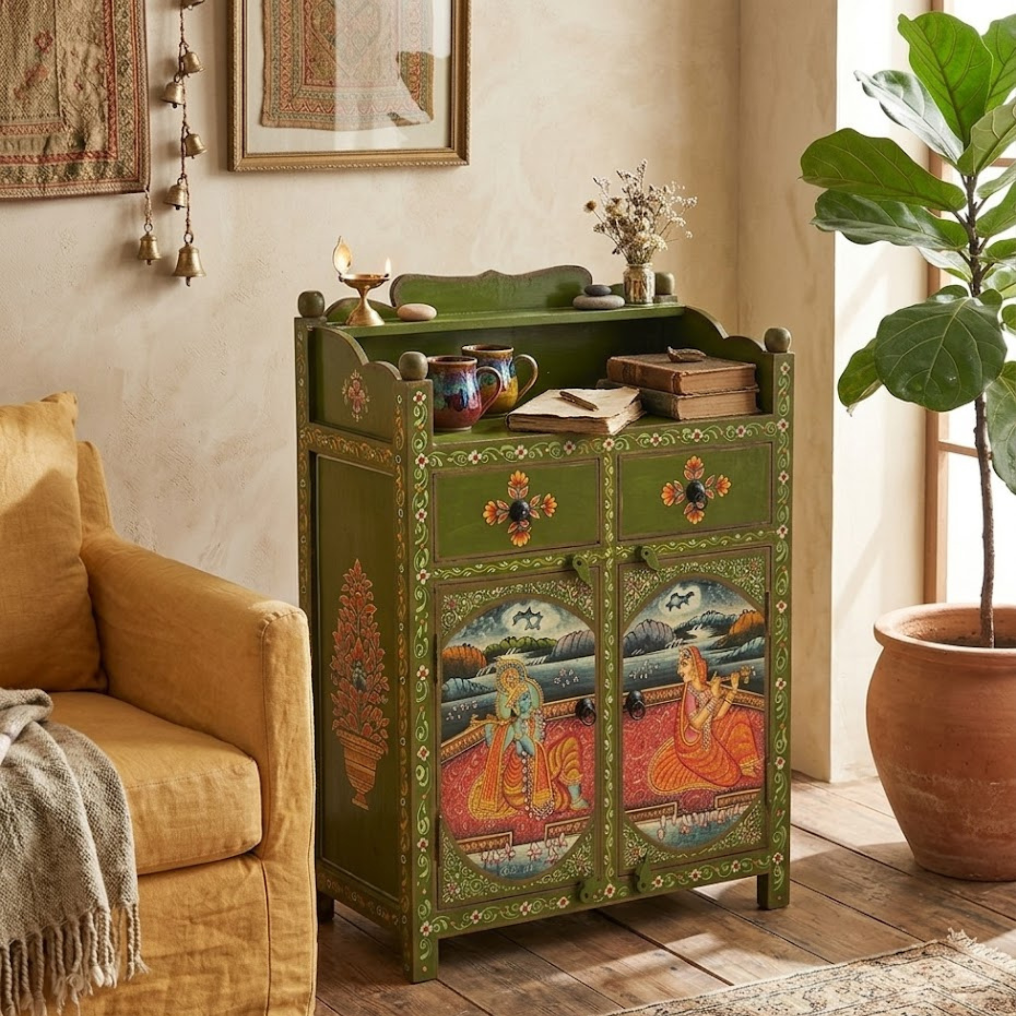 Olive Courtyard Cabinet in a cozy sunlit living room with floral décor, vintage books, indoor plants, and traditional hand-painted artwork.