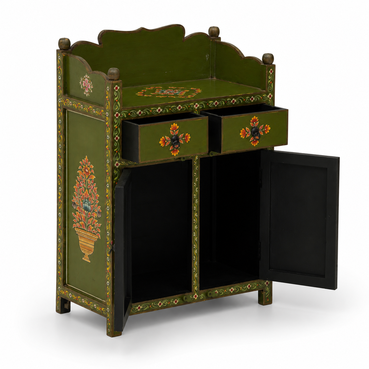 Olive Courtyard Cabinet with drawers and cabinet doors open, showcasing spacious interior storage and hand-painted floral detailing.