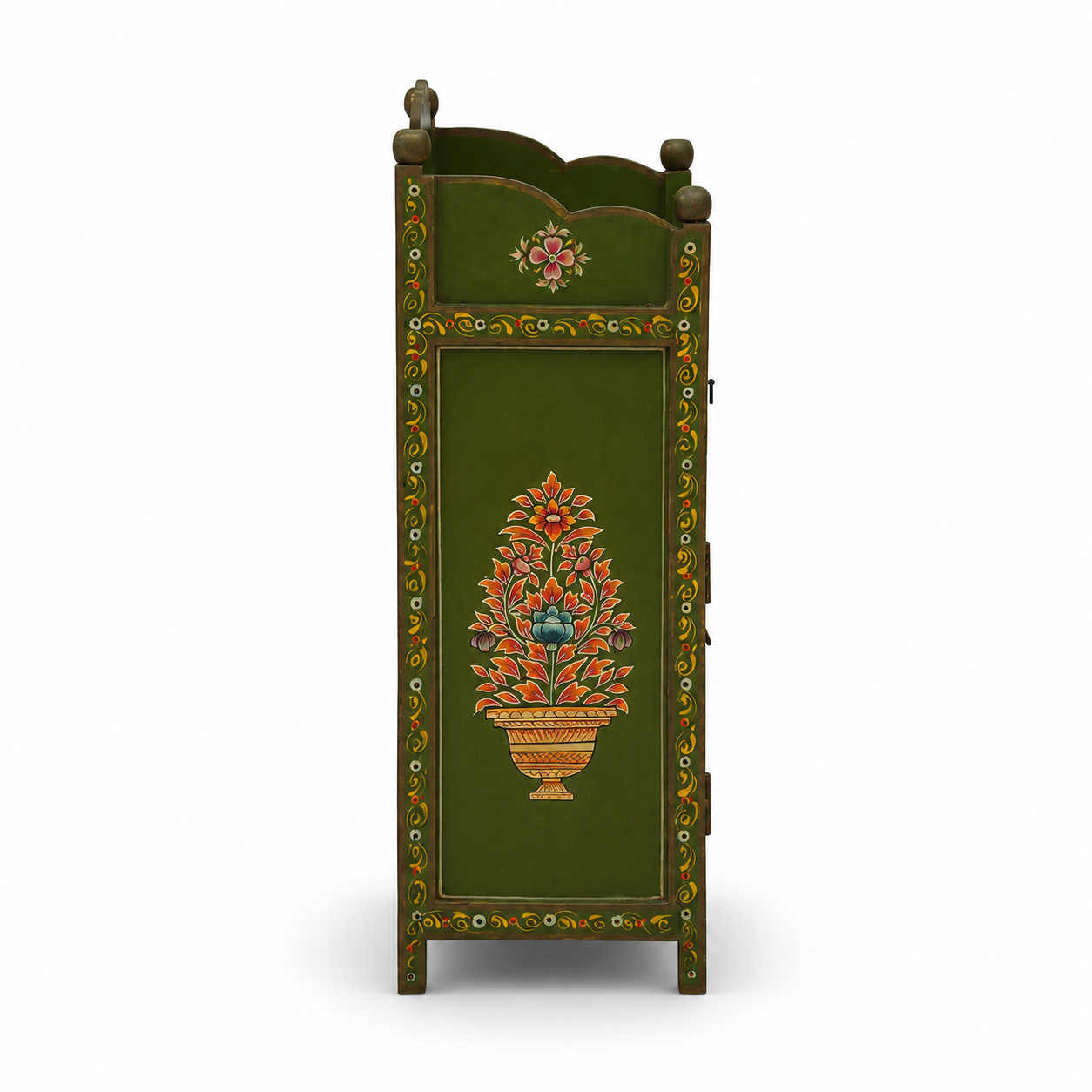 Side view of Olive Courtyard Cabinet featuring hand-painted floral urn artwork on an olive green wooden panel.