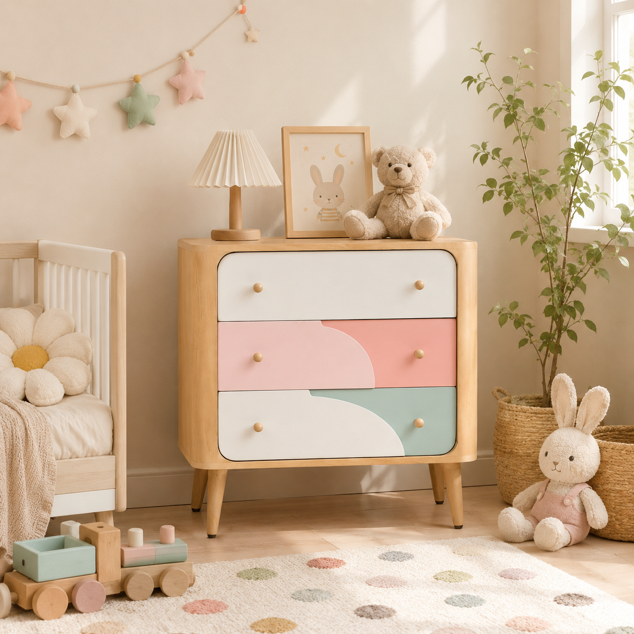 Palette Wooden Kids Chest of Drawers styled in a modern pastel kids room