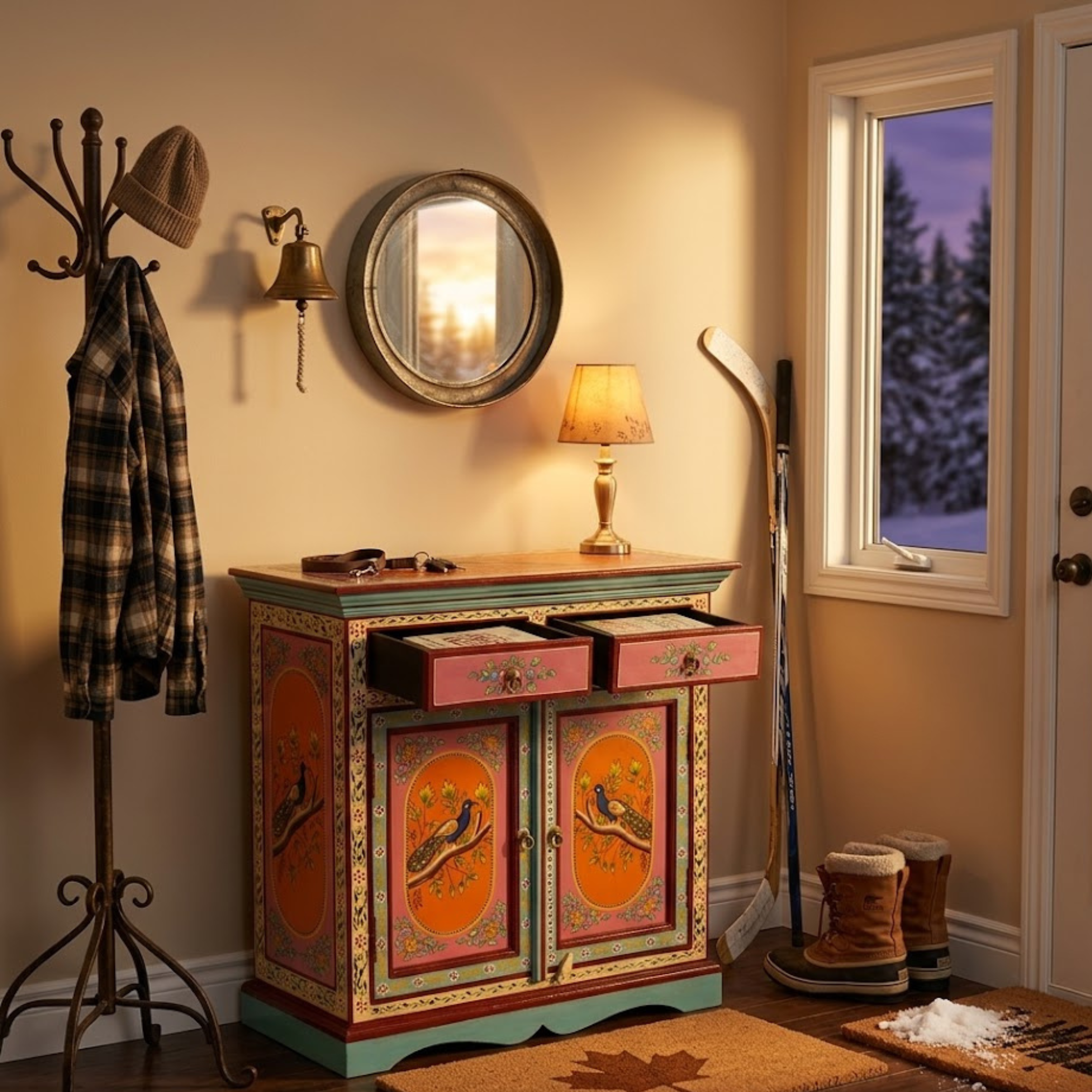Peacock Bloom Cabinet hand-painted wooden storage cabinet styled in a warm entryway setting