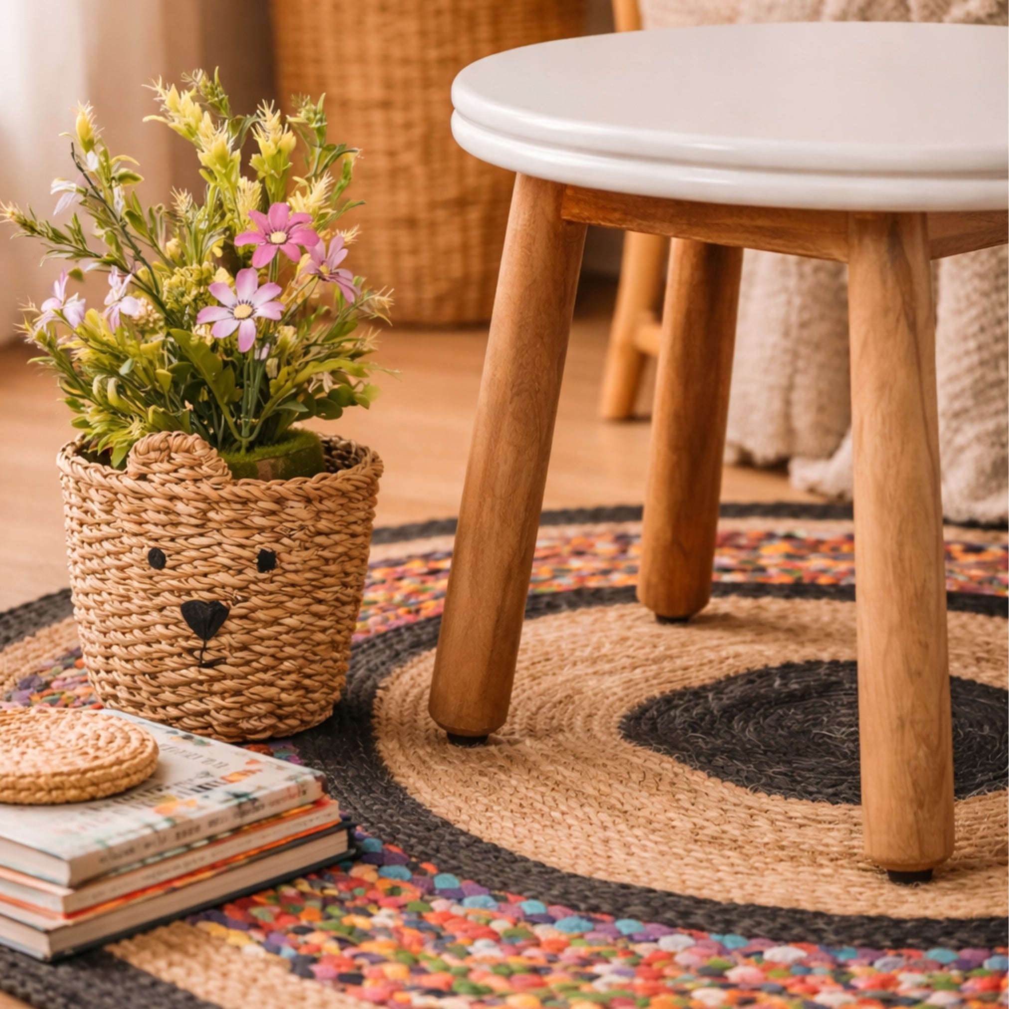 round wooden stool with white top styled with decor