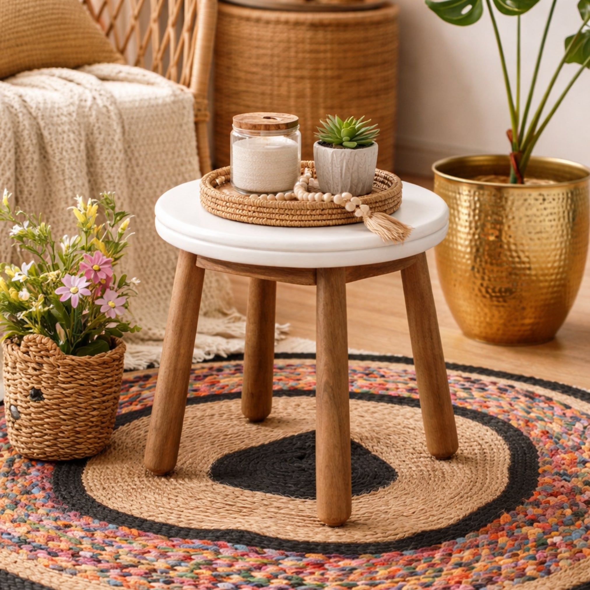 round wooden stool with white top home decor