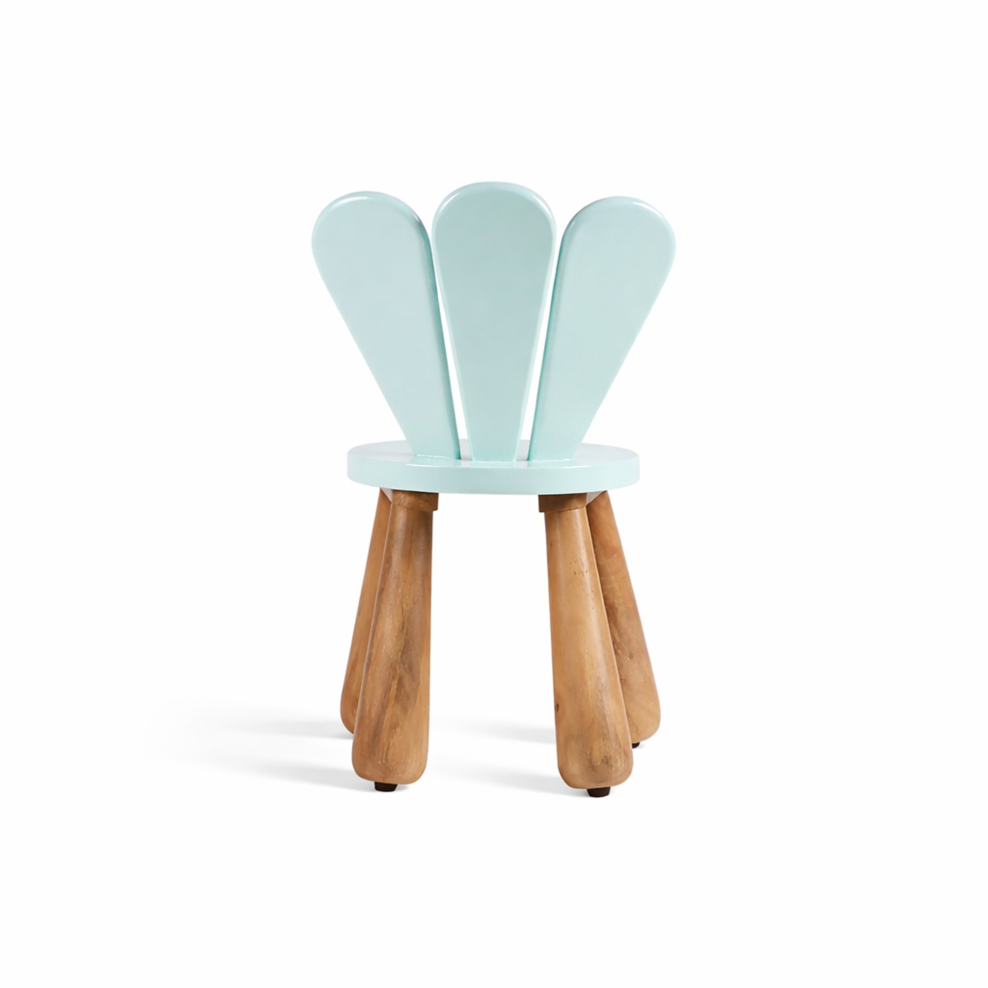 Back design of petal wooden kids chair in blue with unique petal shaped backrest