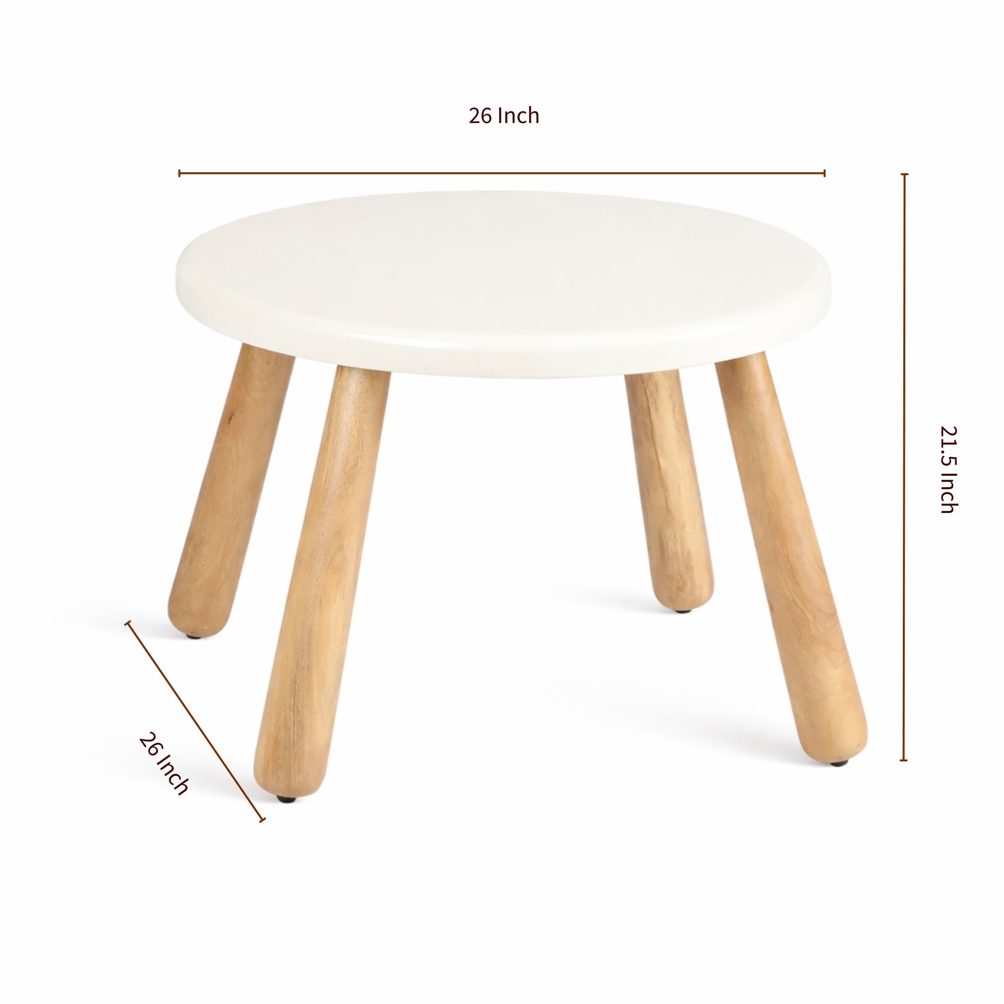 Small stool with white seat and wooden legs, shown with measurements 
