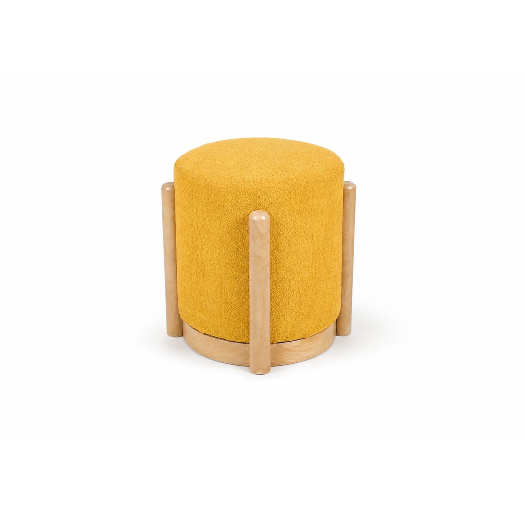 Angled view of Piko yellow upholstered stool with wooden legs and textured fabric
