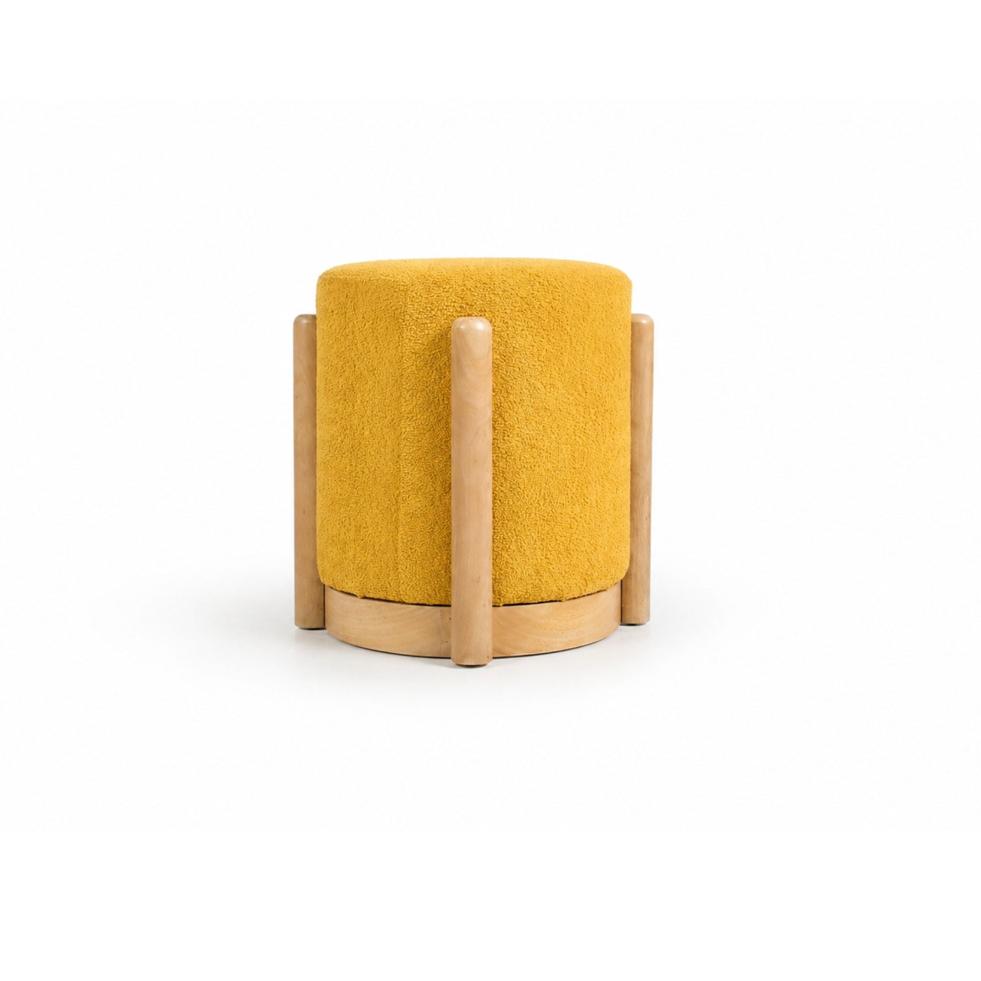 Front view of Piko upholstered wooden stool in yellow with round cushioned seat