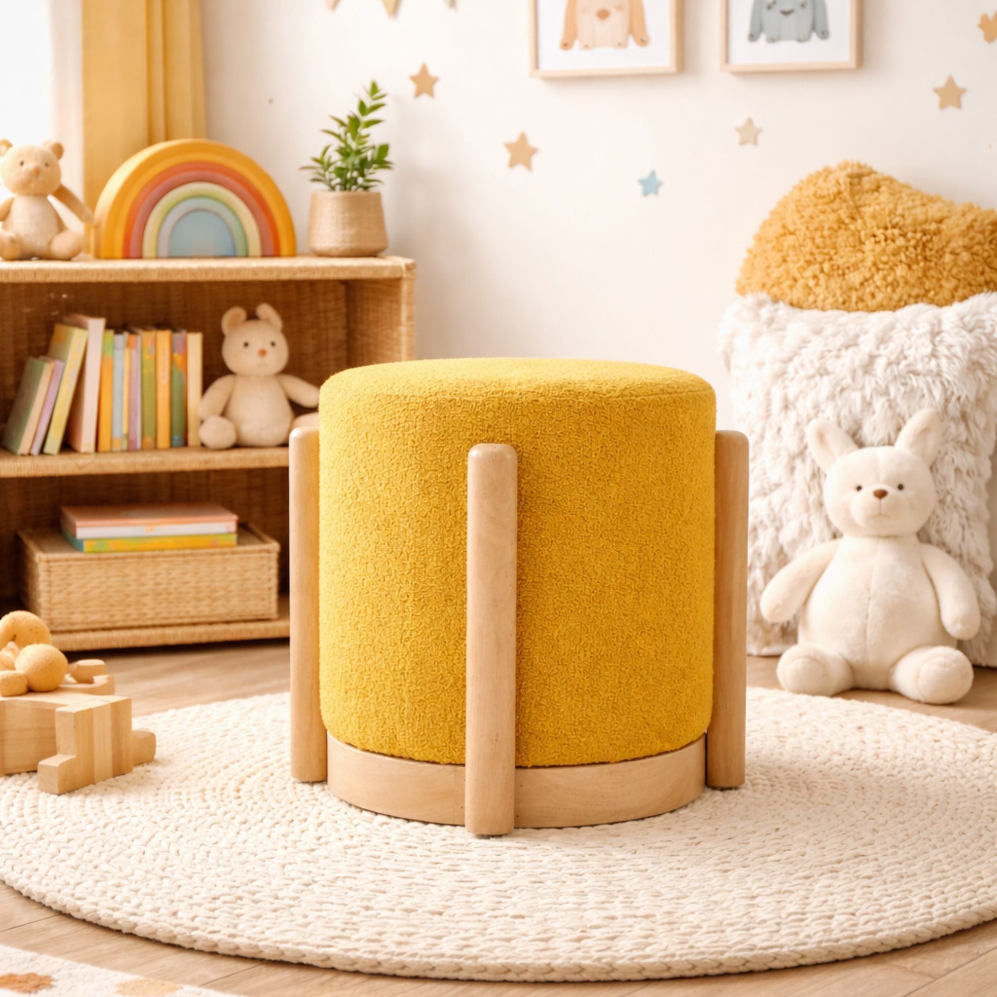 Piko yellow upholstered wooden stool styled as ottoman in a cozy living room setting