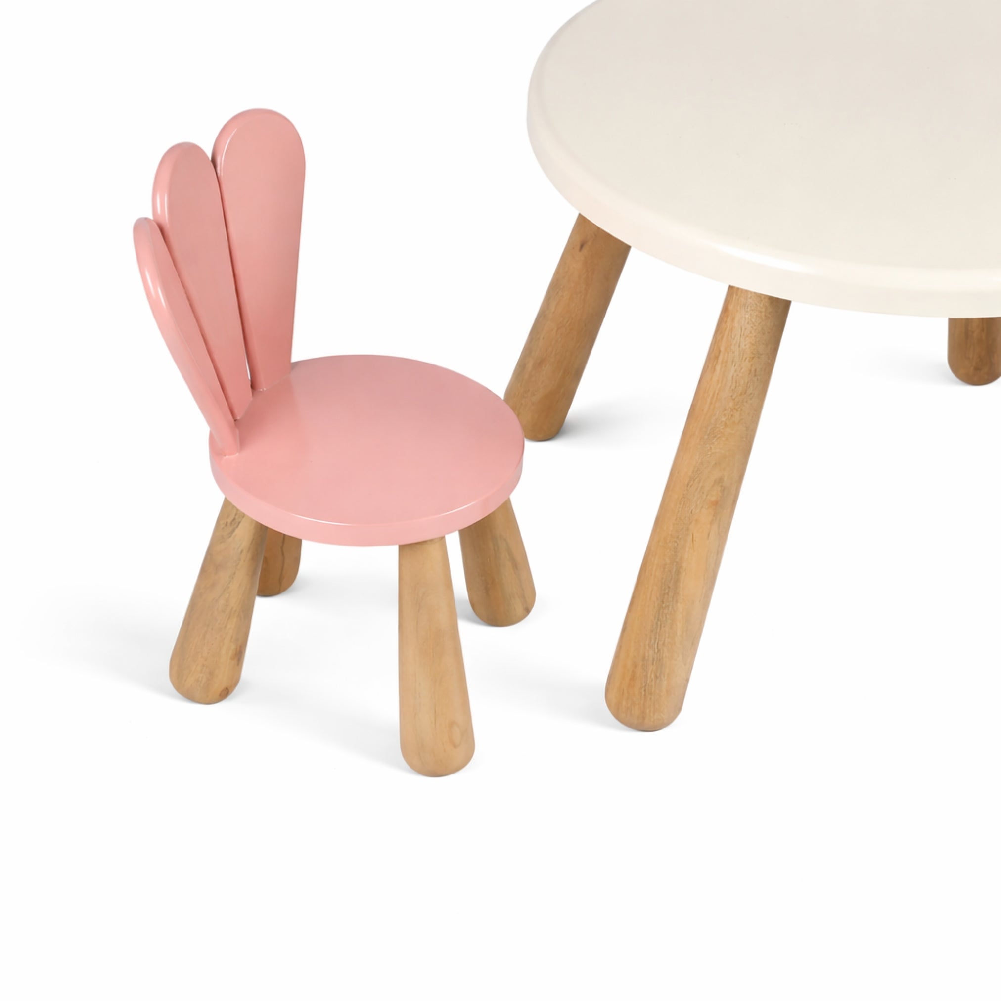 pink petal kids chair wooden legs and finish detail