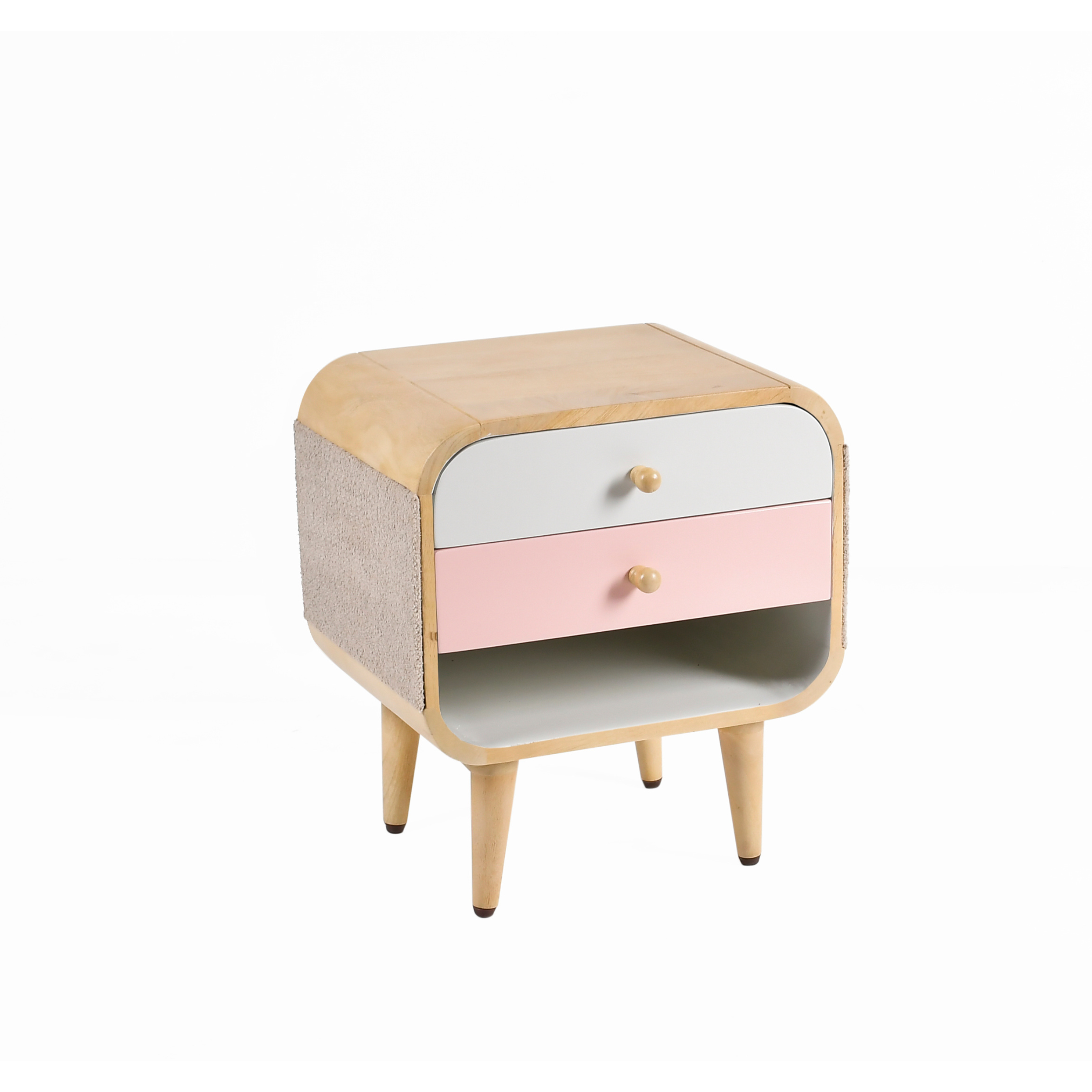Angled view of Pixel wooden kids bedside table with rounded edges and open shelf storage
