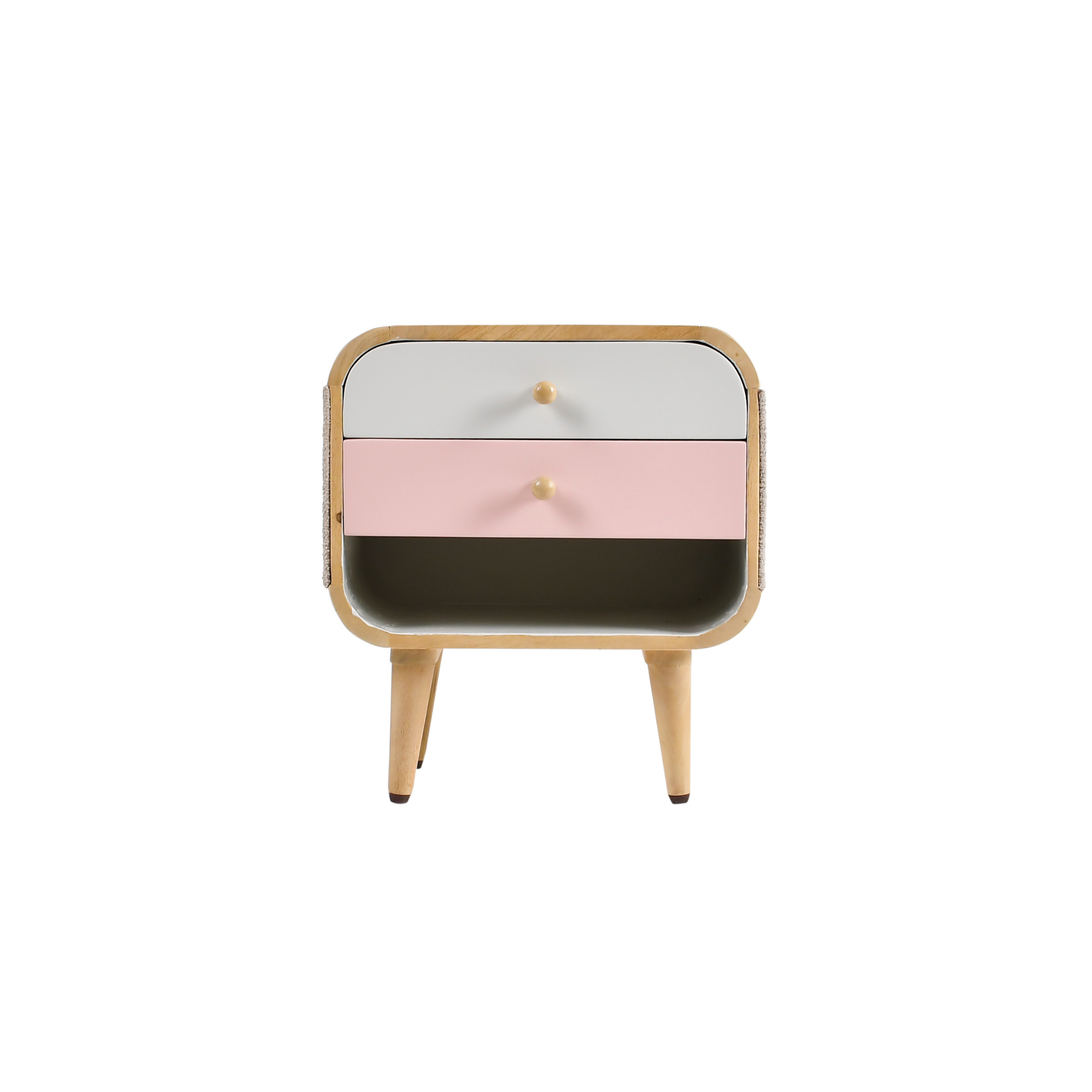 Front view of Pixel wooden kids bedside table with white and blush pink drawers