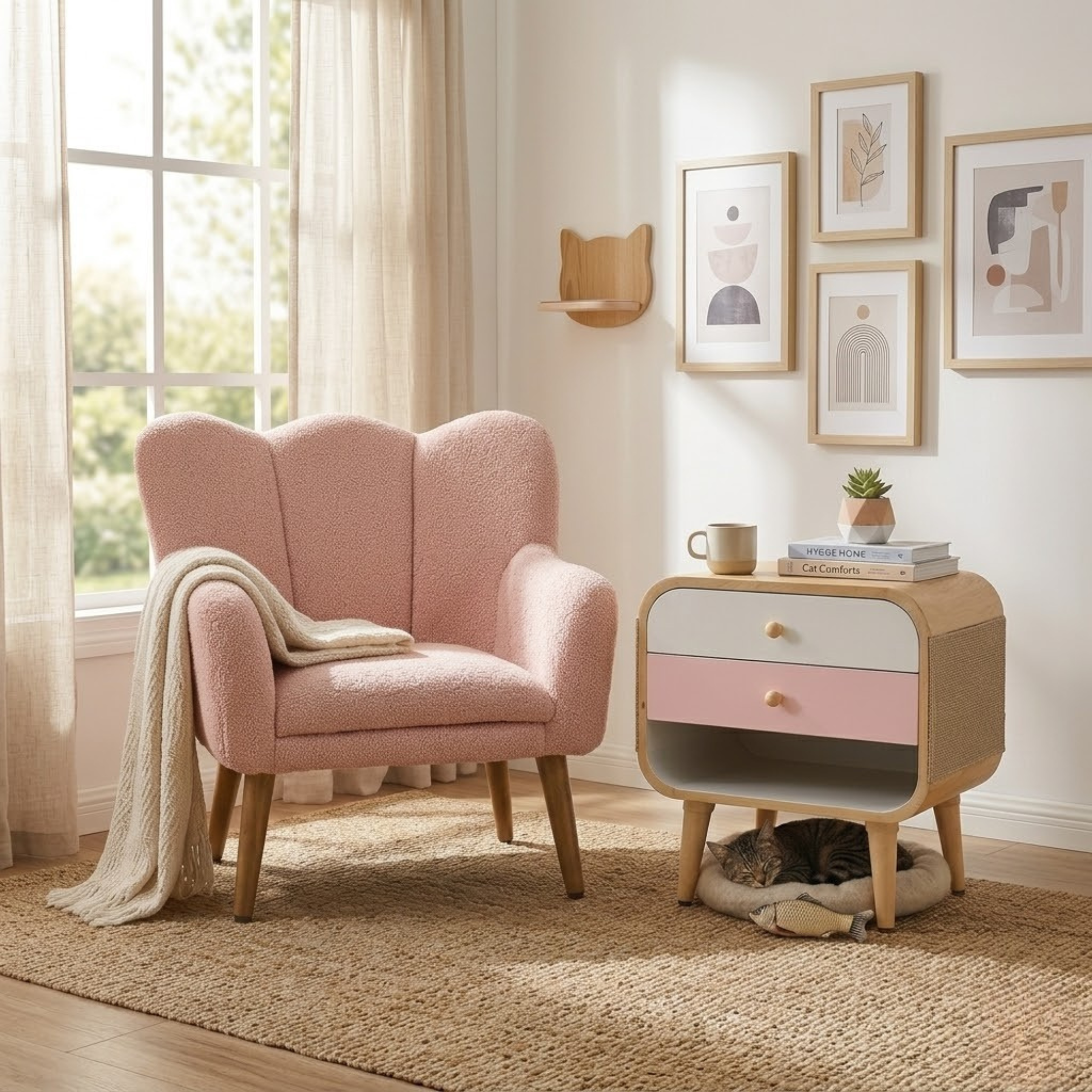 Pixel wooden kids bedside table styled in a cozy kids room with blush chair and soft neutral decor
