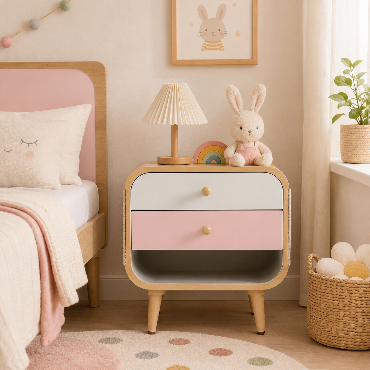 Pixel Wooden Kids Bedside Table styled in a pastel kids bedroom with soft decor and wooden furniture