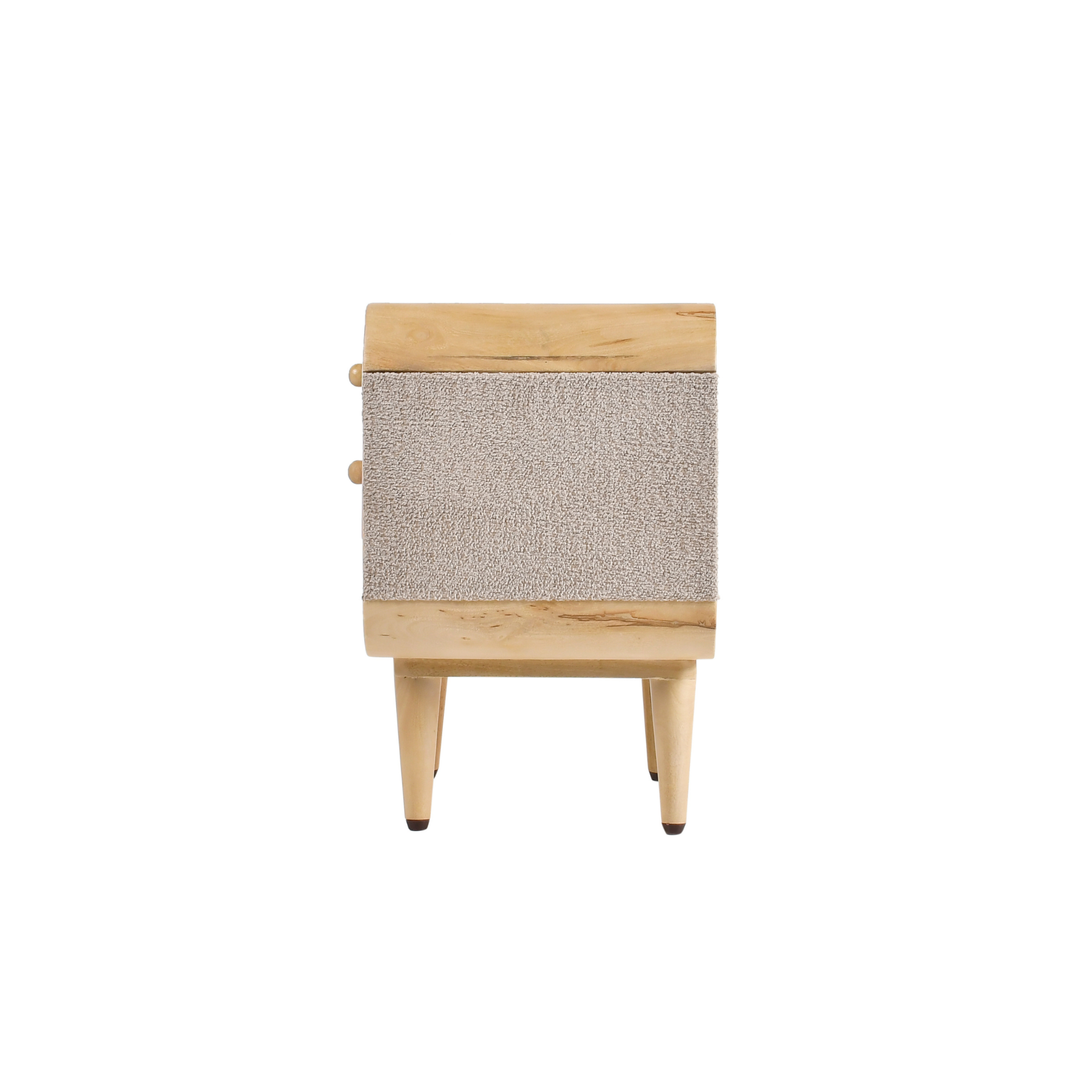 Side profile of Pixel wooden kids bedside table with textured fabric panel detail