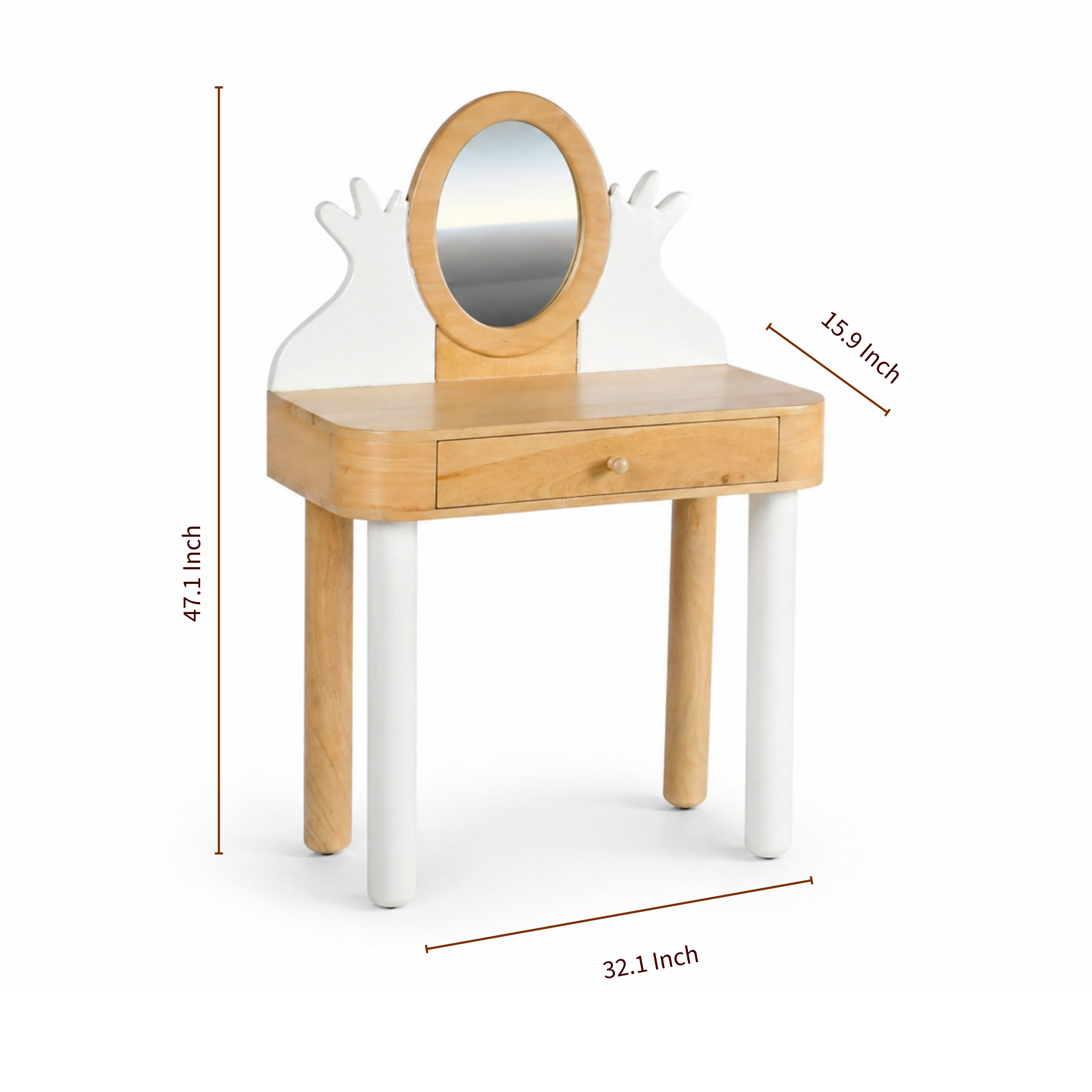Poise wooden kids dressing table dimensions showing height width and depth measurements