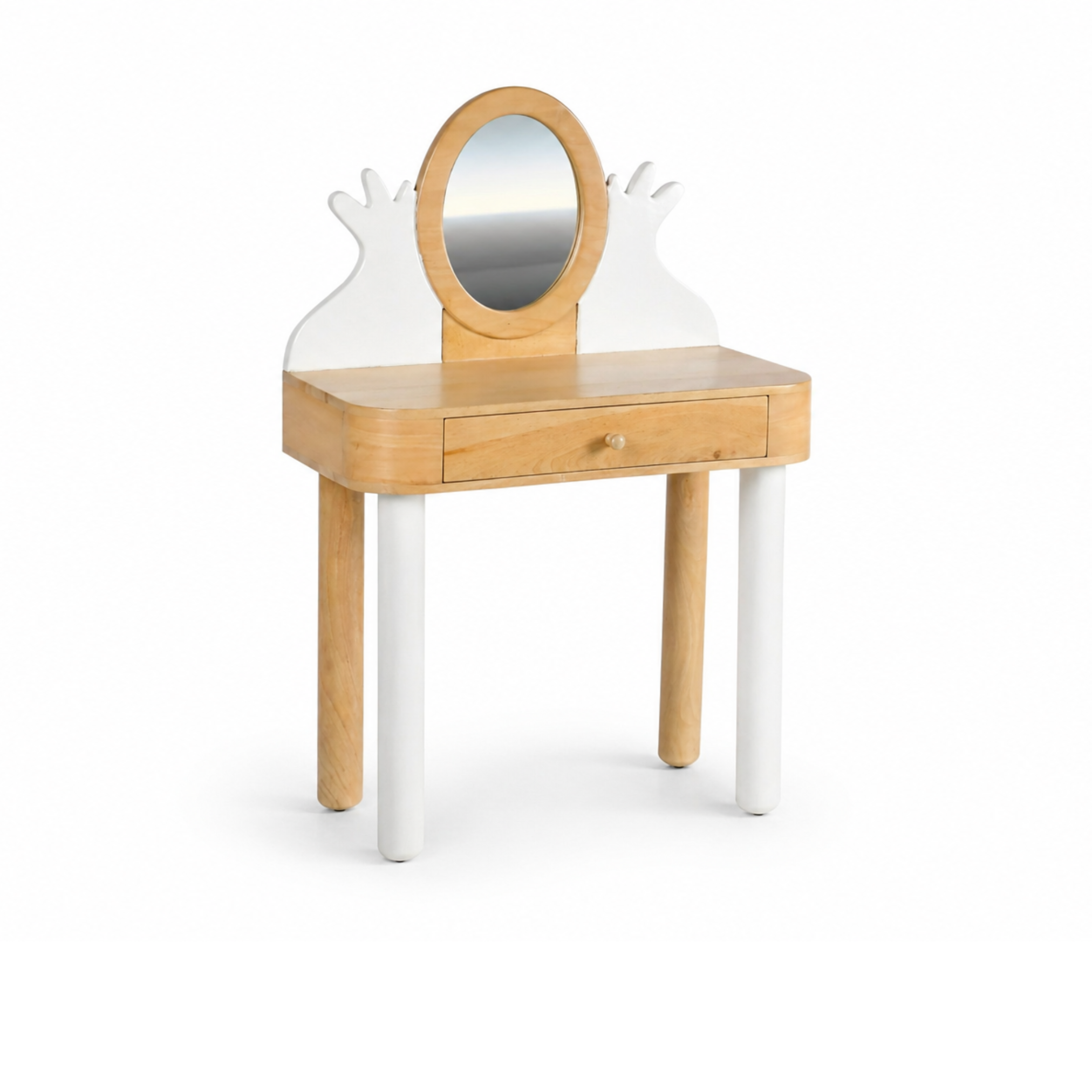 Angled view of Poise wooden kids dressing table showing mirror and storage drawer