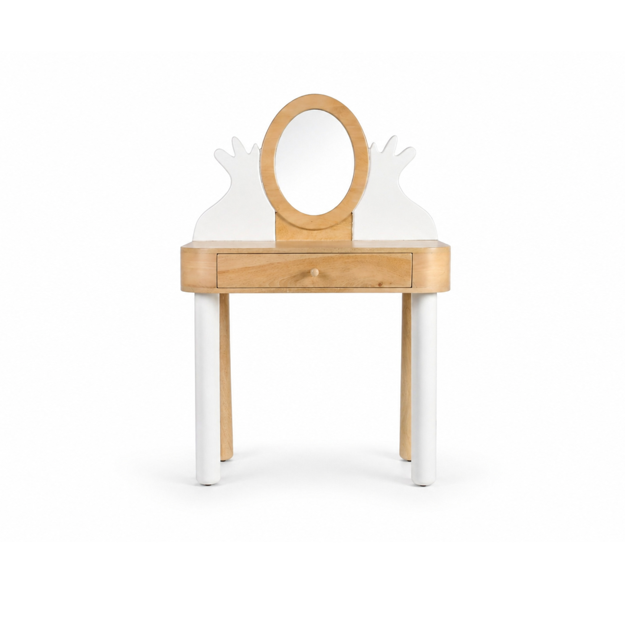 Front view of Poise wooden kids dressing table with oval mirror and drawer
