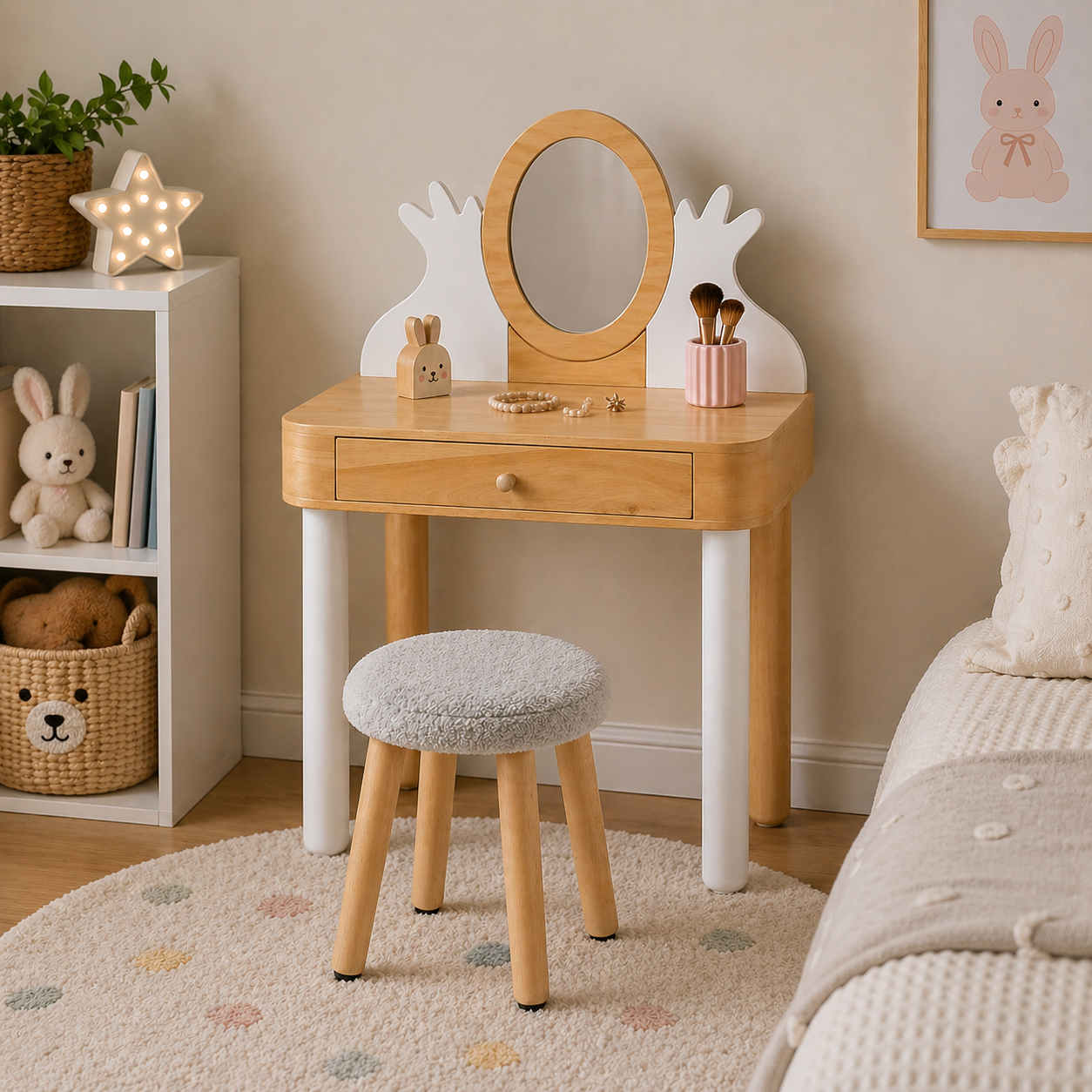 Poise wooden kids dressing table in pastel pink kids room with stool, mirror and soft decor setup
