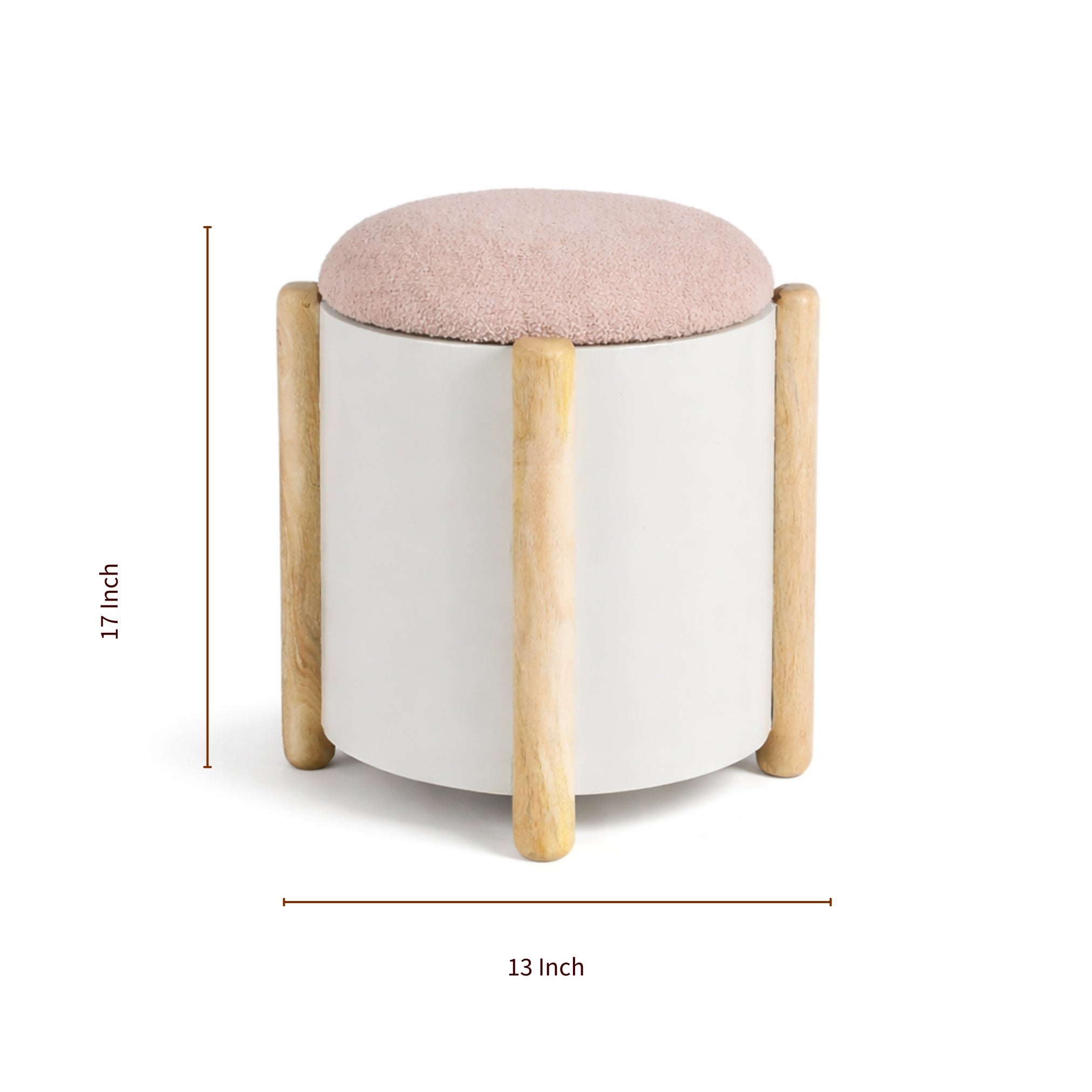 Small stool with pink cushion and wooden legs, shown with dimensions 