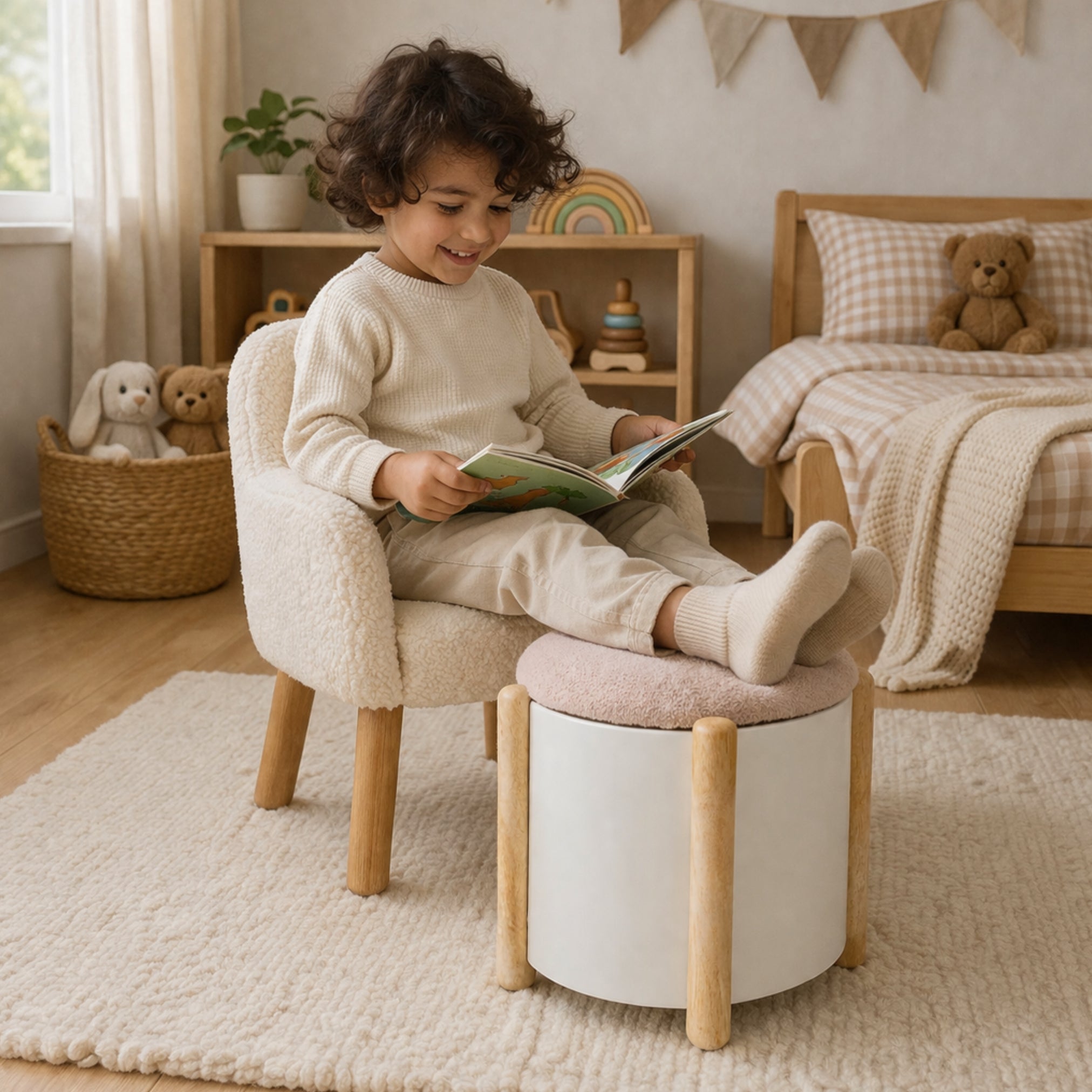 Pink puff storage stool with toys inside in kids room