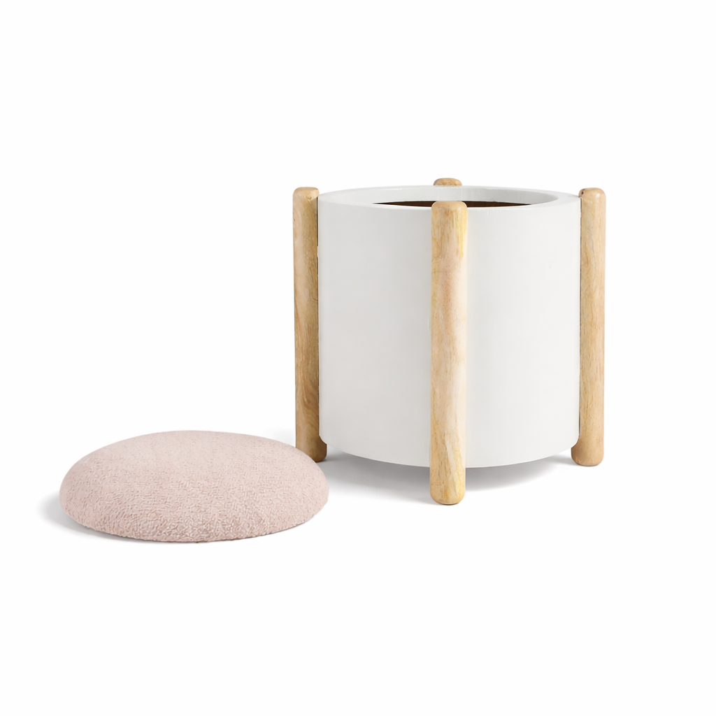 Pink puff storage stool with removable lid open view