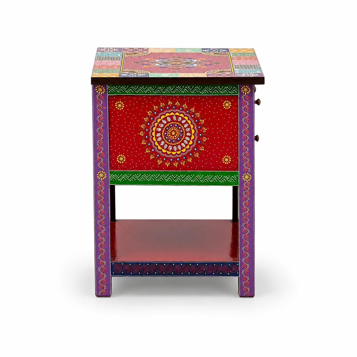 Angled view of Rangriti colorful handpainted wooden bedside table with drawers and lower storage shelf.