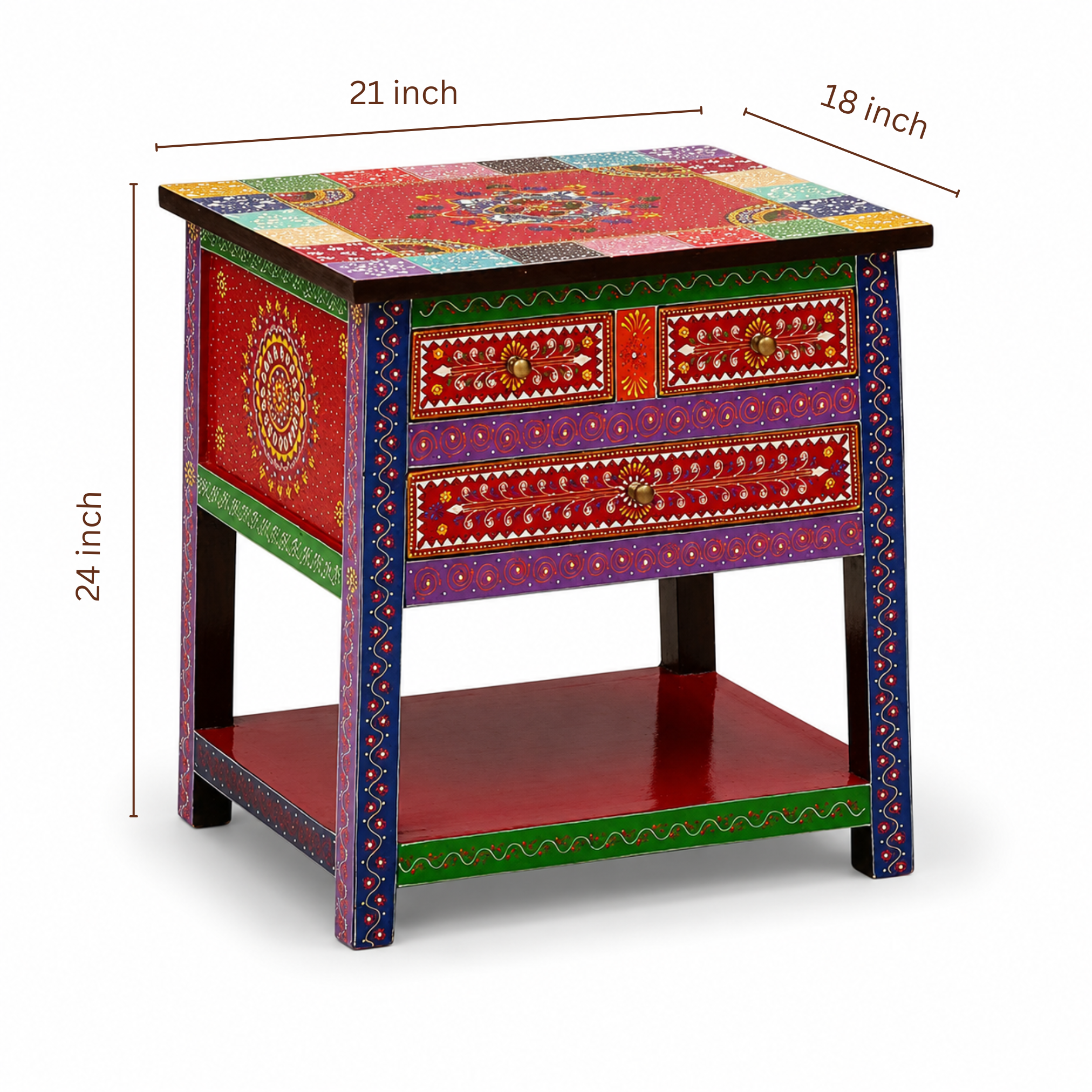 Dimensions of Rangriti handpainted wooden side table measuring 21 inches wide, 18 inches deep, and 24 inches high.