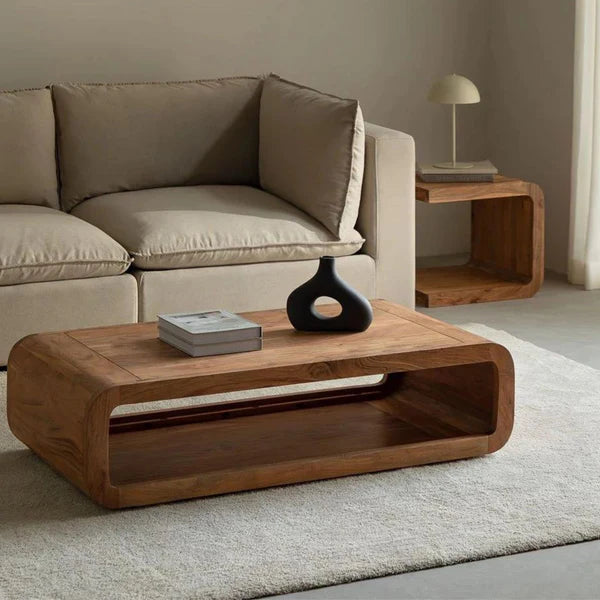 rectangular acacia wood coffee table styled in modern living room interior with sofa