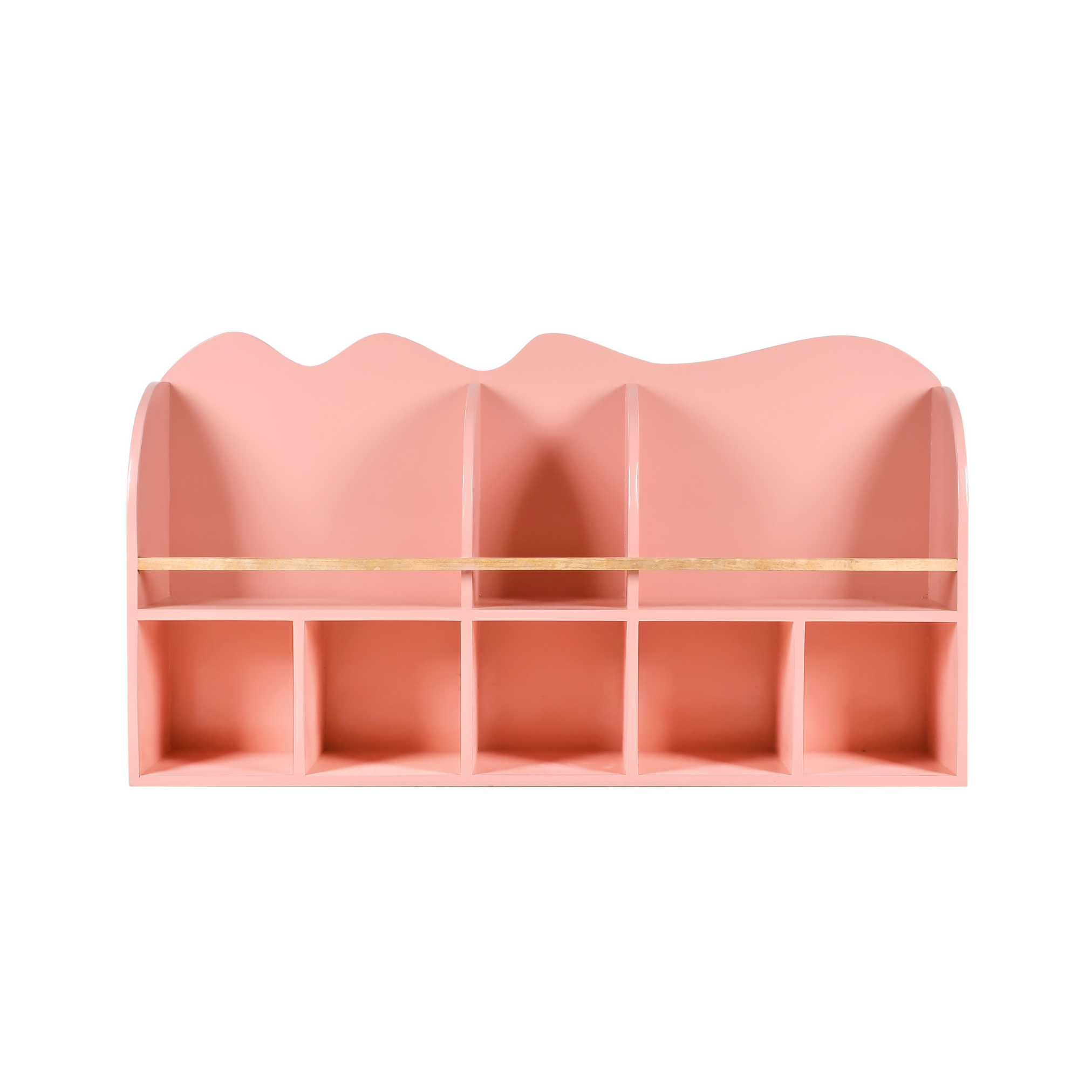 Front view of Ripple wooden kids wall shelf in soft pink with wave-inspired top design
