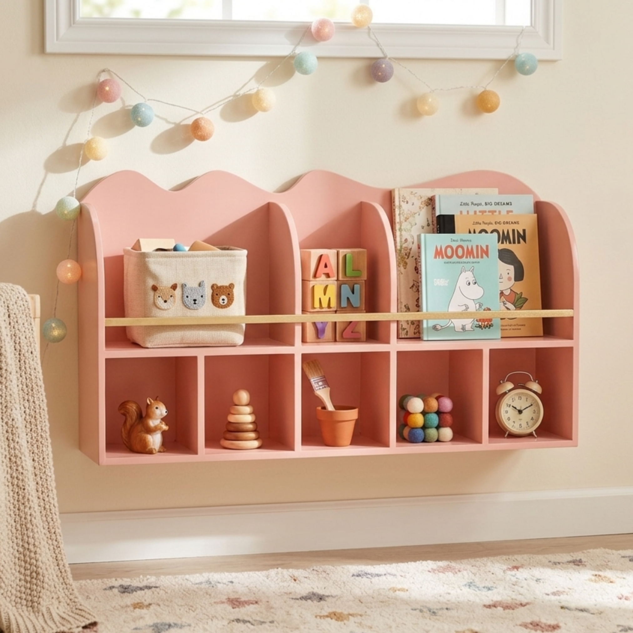Ripple wooden kids wall shelf styled with books, toys, and decor in a pastel kids room