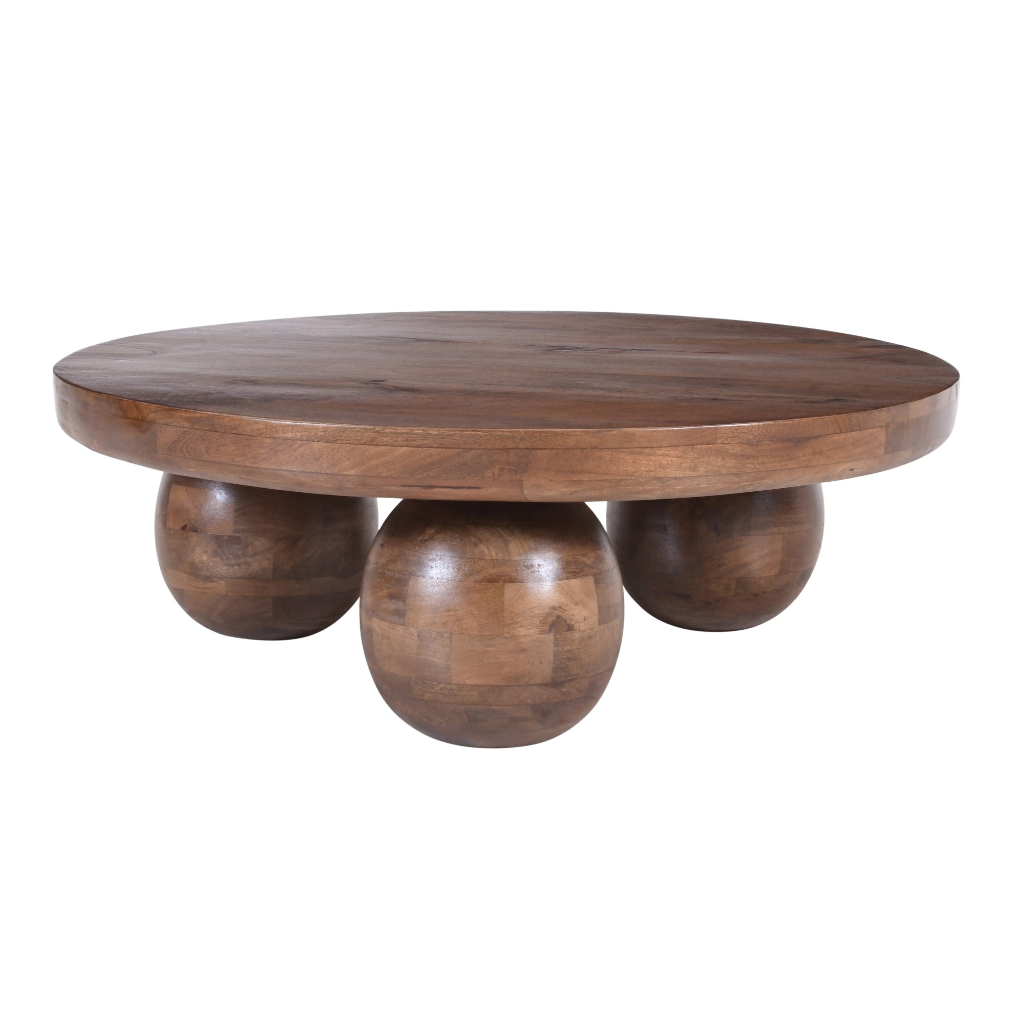 round mango wood coffee table with three sphere base modern sculptural design