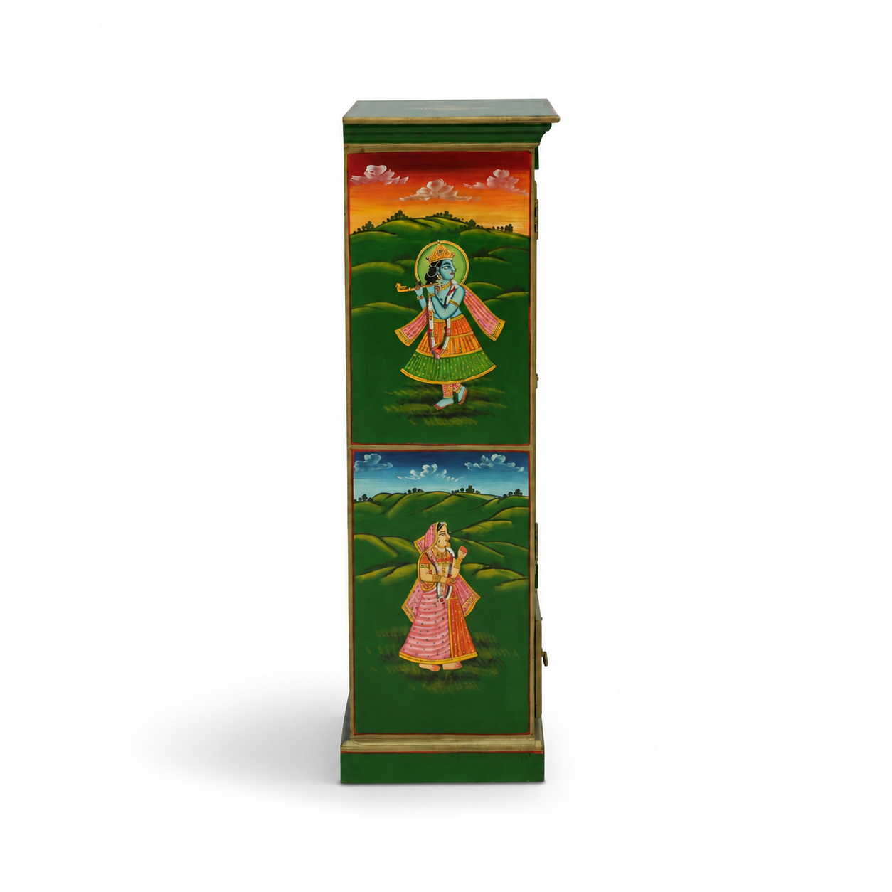 Angled view of Royal Garden Artistic Multi Colour Storage Cabinet featuring vibrant hand-painted panels, floral artwork, and decorative green finish.