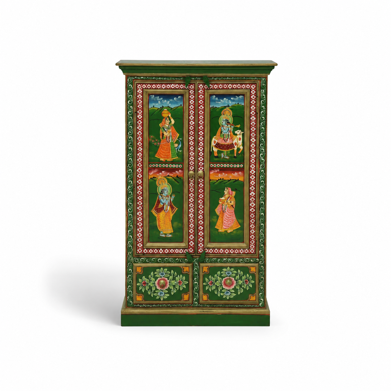 Royal Garden Artistic Multi Colour Storage Cabinet featuring hand-painted traditional Indian artwork, floral motifs, and decorative green finish, front view.